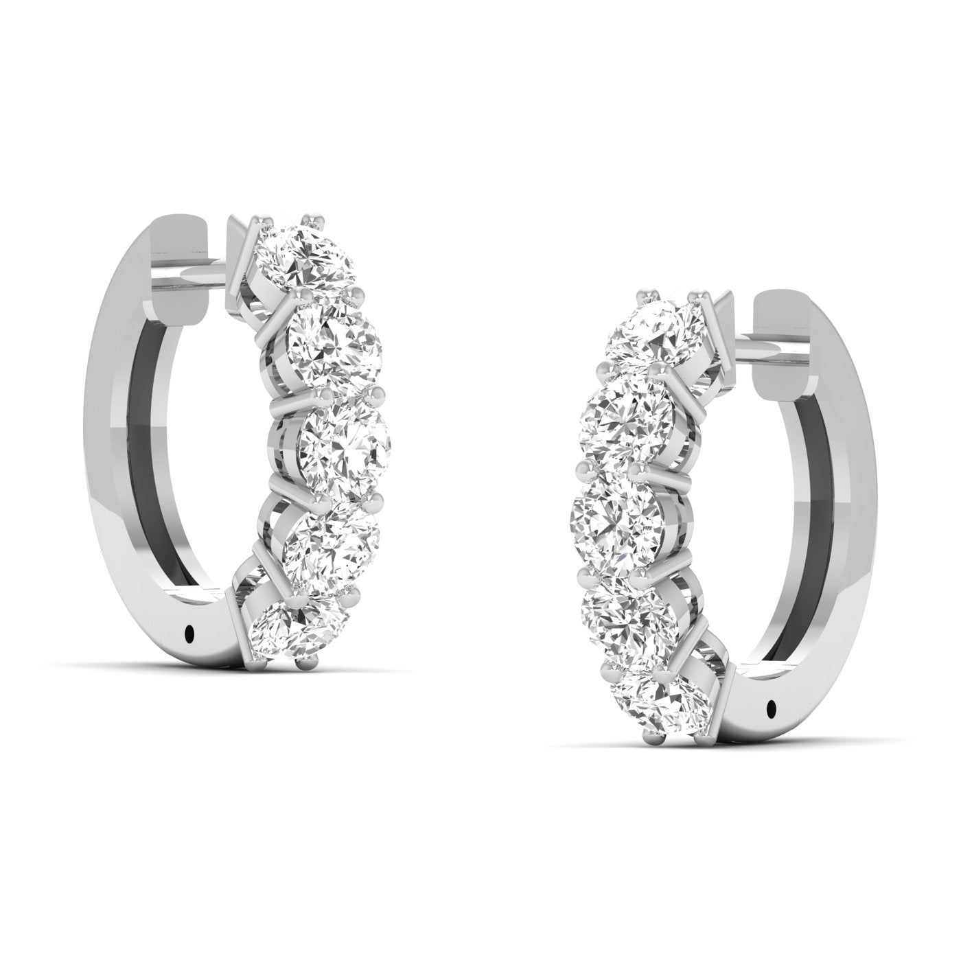 Luxurious round shared prong diamond hoop earrings featuring brilliant round diamonds set in a shared prong design, offering a sophisticated and timeless look | White Gold | Side View