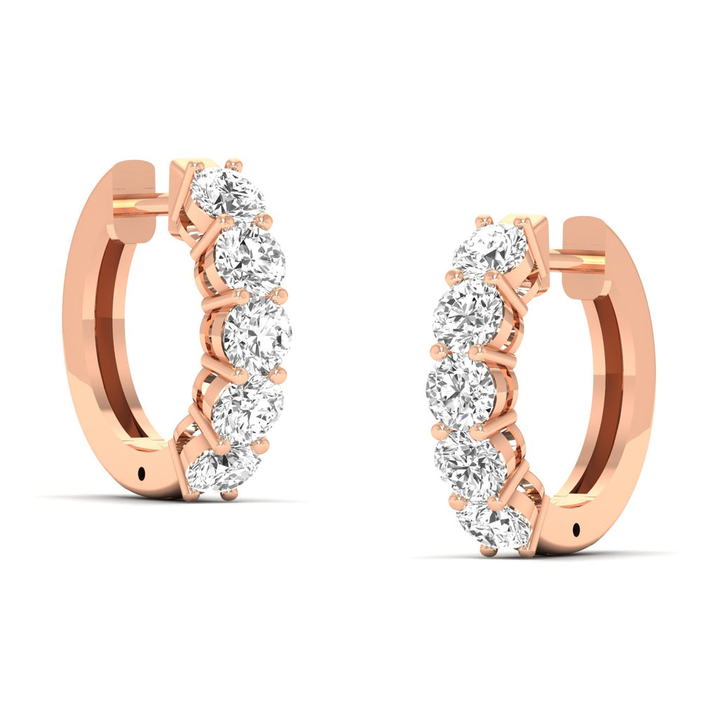 Luxurious round shared prong diamond hoop earrings featuring brilliant round diamonds set in a shared prong design, offering a sophisticated and timeless look | Rose Gold | Side View