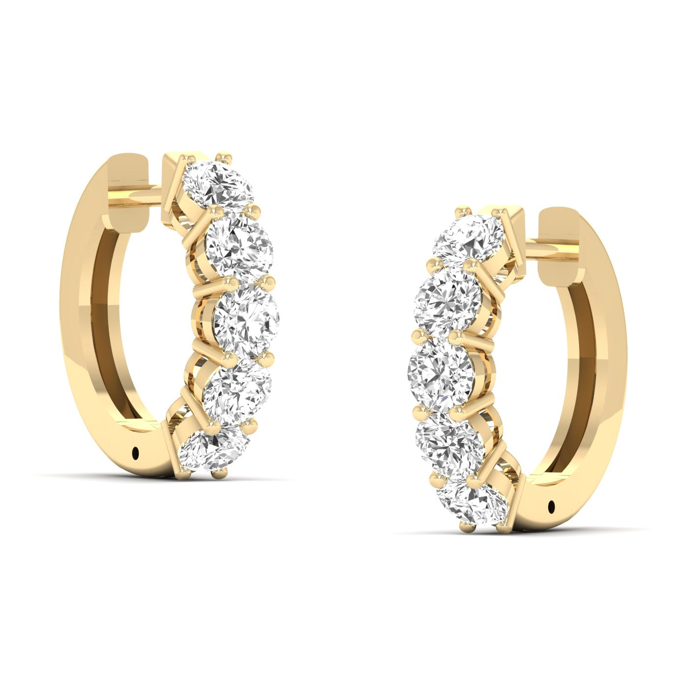 Luxurious round shared prong diamond hoop earrings featuring brilliant round diamonds set in a shared prong design, offering a sophisticated and timeless look | Yellow Gold | Side View