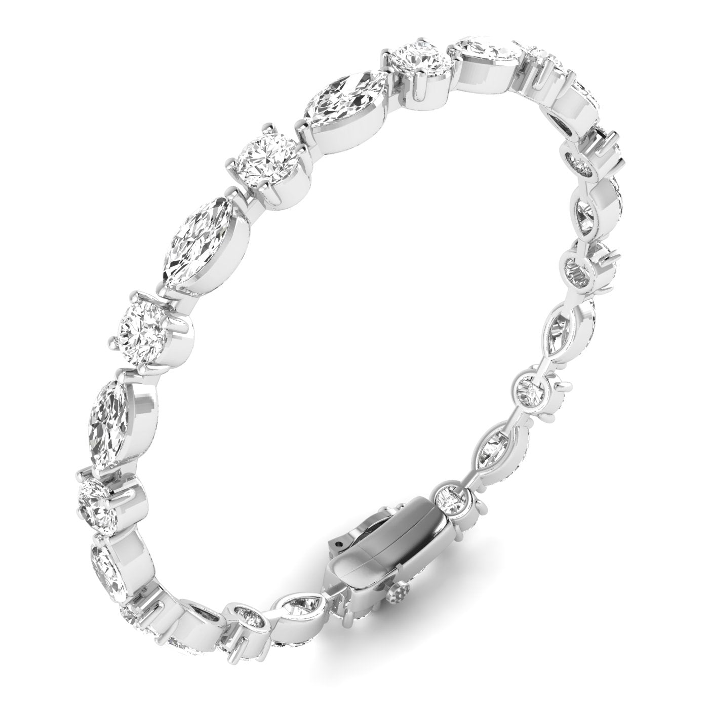 Dynamic Round & Marquise Diamond Bracelet - Featuring a stunning mix of round and marquise diamonds for a bold, elegant design | White Gold | Side View