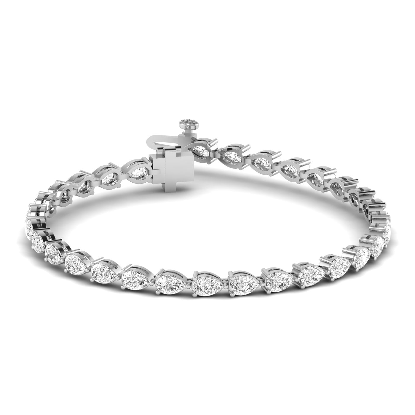 Classic pear diamond tennis bracelet featuring beautifully arranged pear-shaped diamonds in a timeless and elegant design | White Gold | Front View