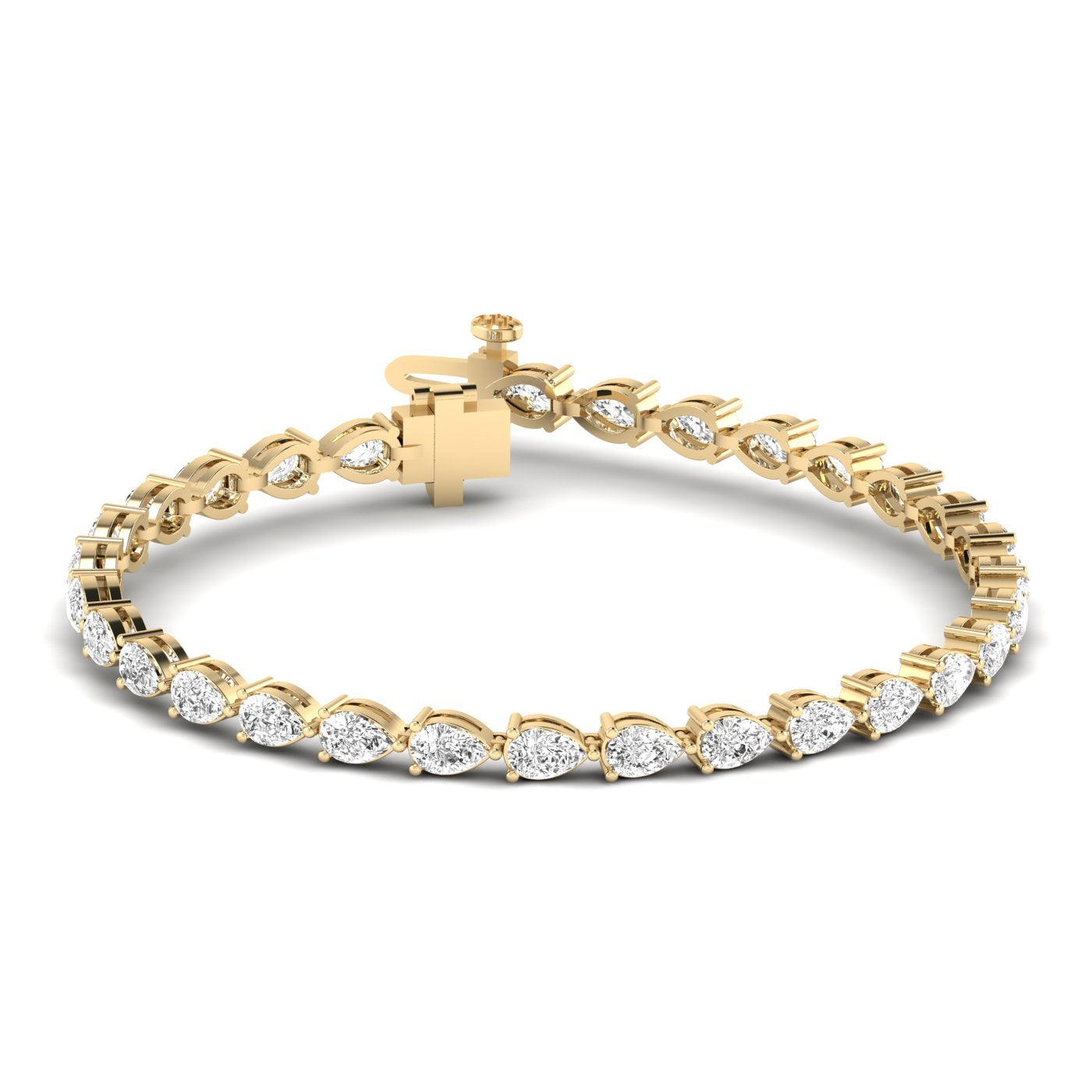 Classic pear diamond tennis bracelet featuring beautifully arranged pear-shaped diamonds in a timeless and elegant design | Yellow Gold | Front View