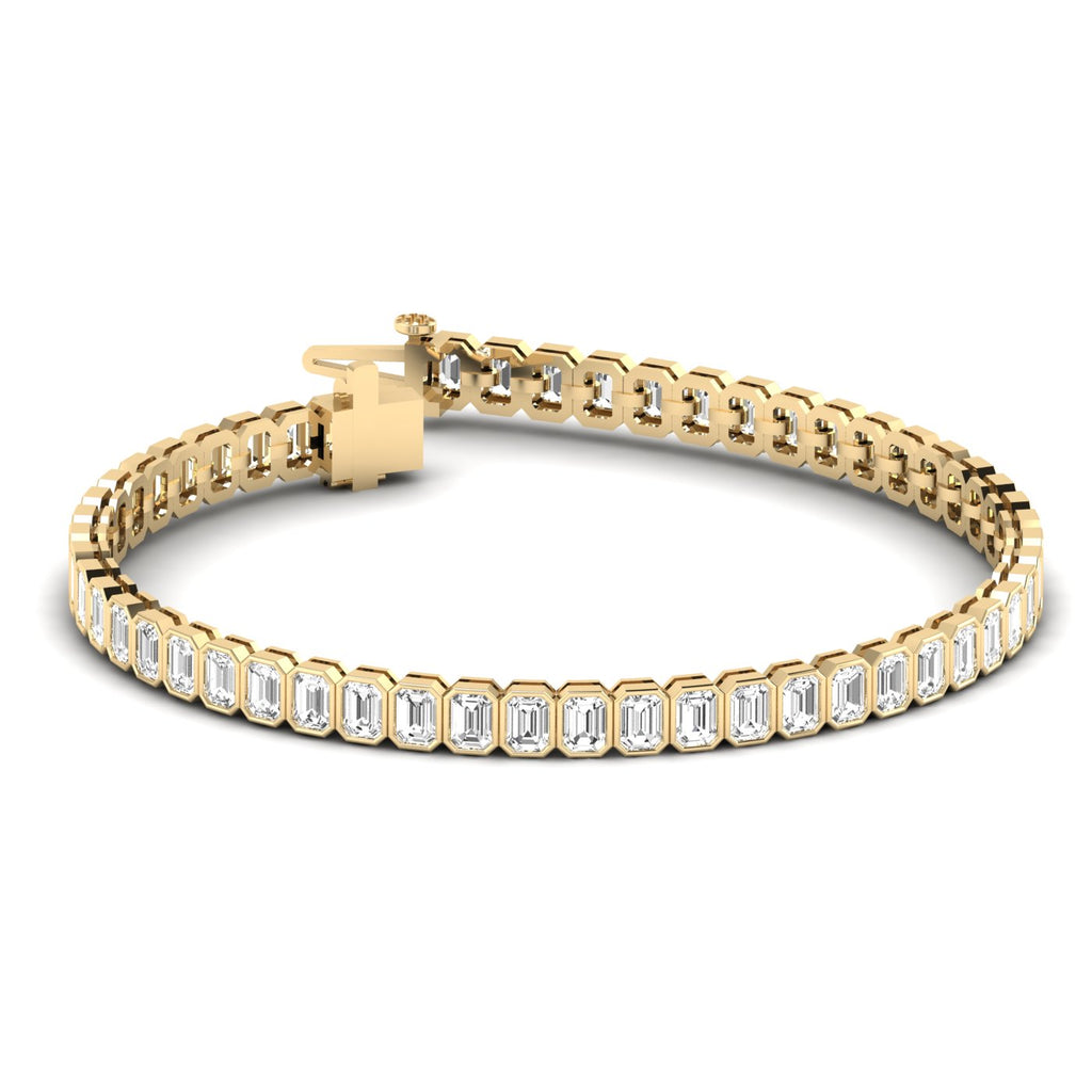 Gleaming Bezel Emerald Cut Diamond Tennis Bracelet - Elegant design with bezel-set emerald cut diamonds | Yellow Gold | Front View