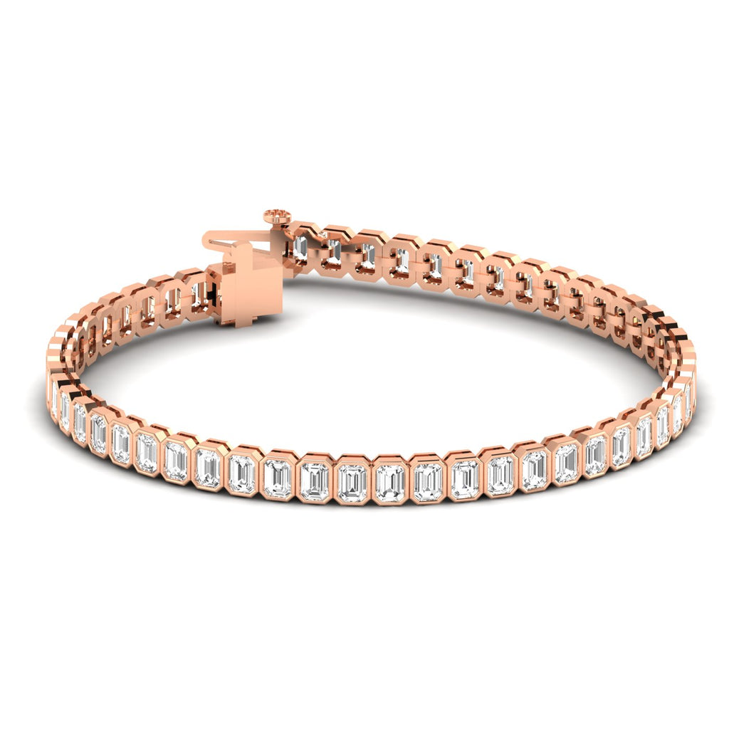 Gleaming Bezel Emerald Cut Diamond Tennis Bracelet - Elegant design with bezel-set emerald cut diamonds | Rose Gold | Front View