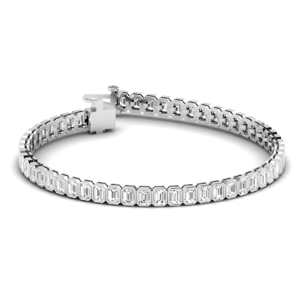 Gleaming Bezel Emerald Cut Diamond Tennis Bracelet - Elegant design with bezel-set emerald cut diamonds | White Gold | Front View