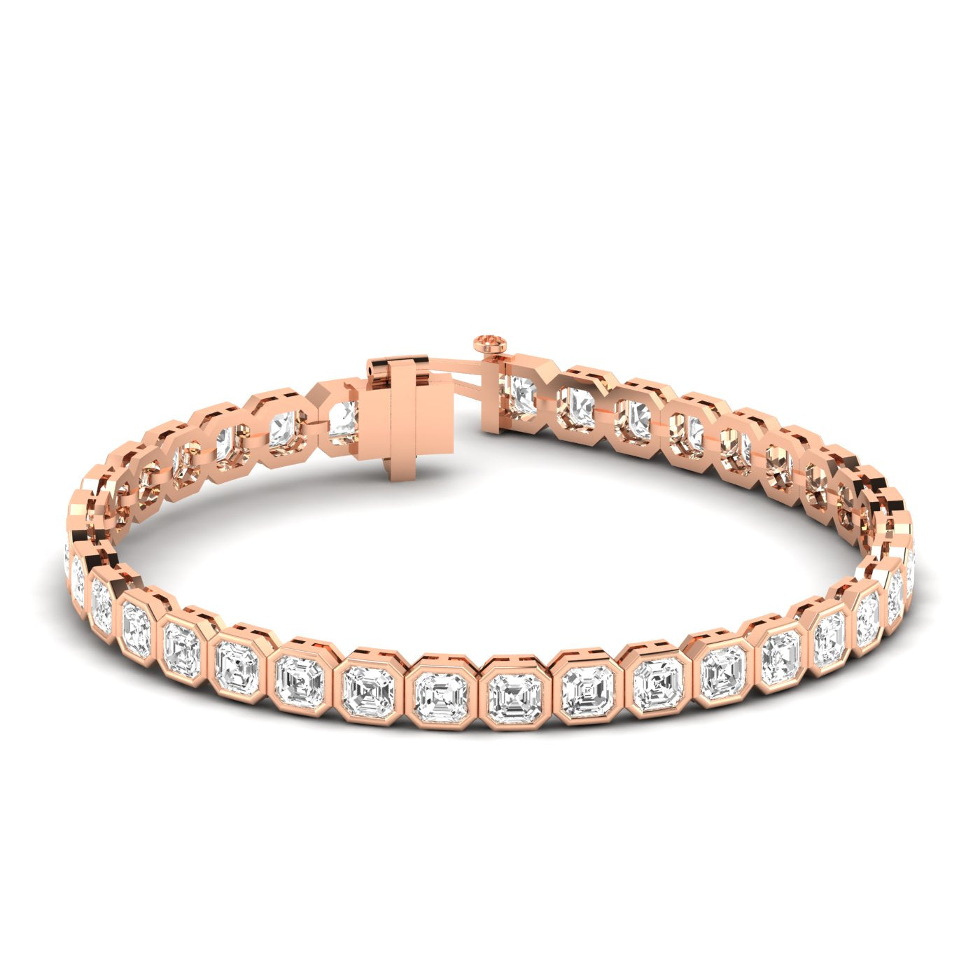 Bezel Asscher Diamond Tennis Bracelet - Elegant design featuring bezel-set Asscher cut diamonds | Rose Gold | Front View