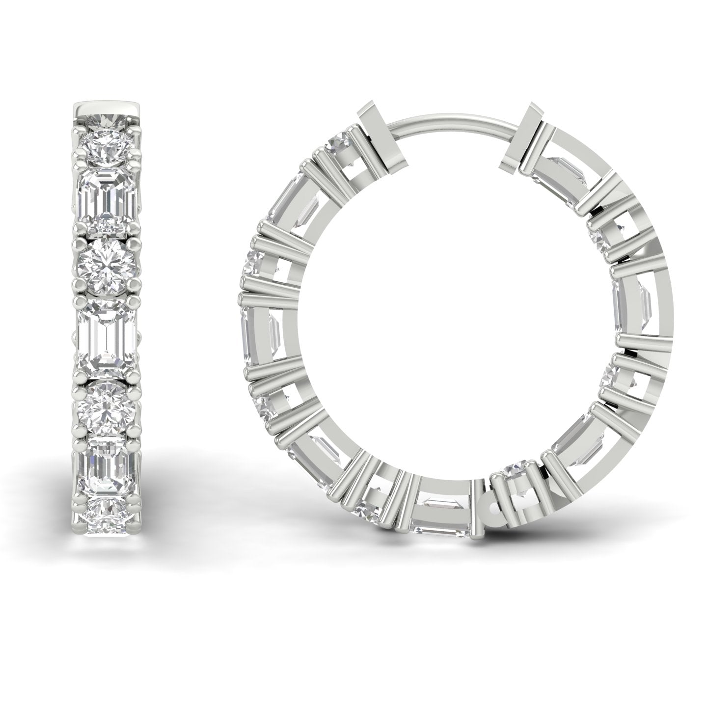 Elegant round and emerald cut diamond hoop earrings featuring a combination of radiant round diamonds and sleek emerald-cut stones, set in premium metal | White Gold | Front + Side View