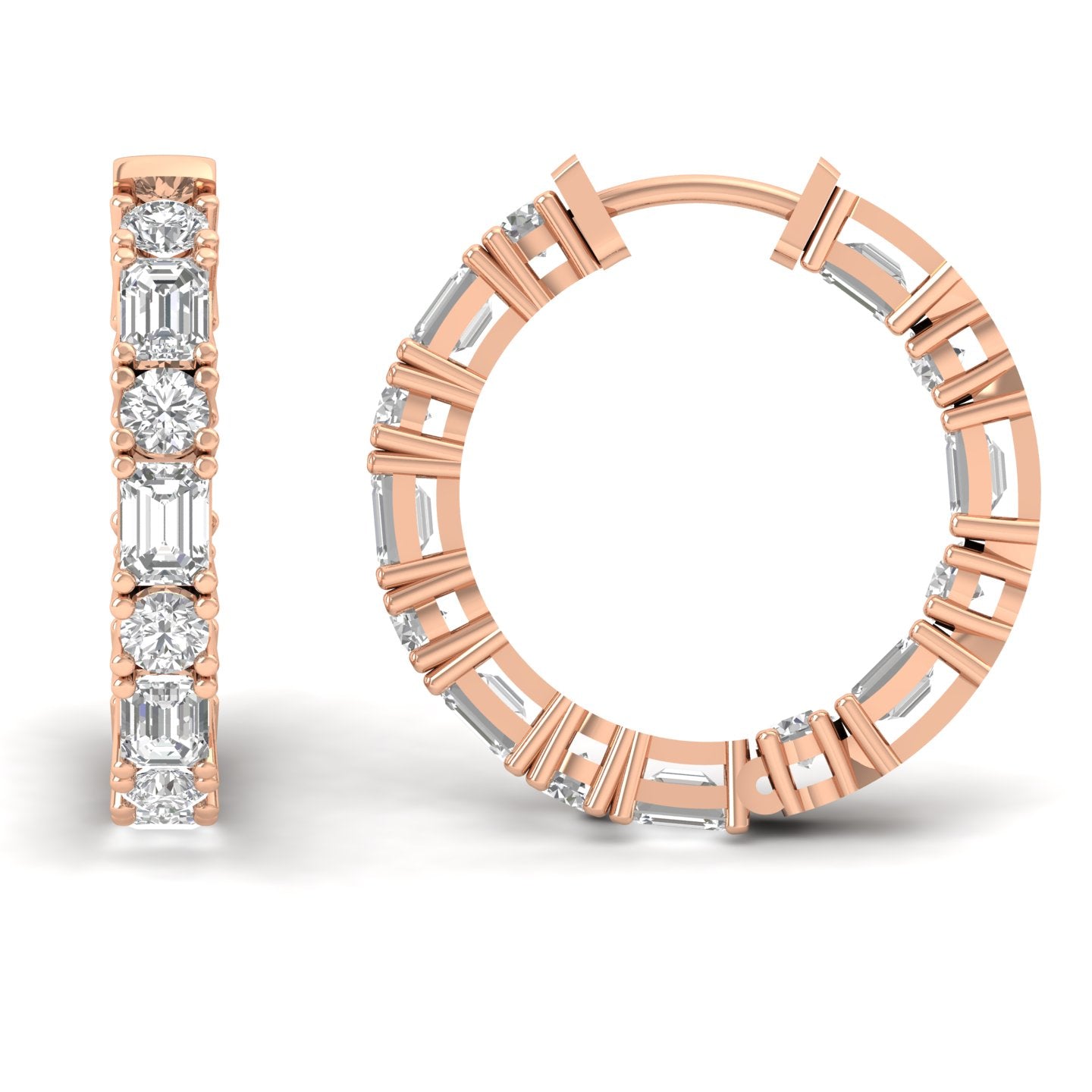 Elegant round and emerald cut diamond hoop earrings featuring a combination of radiant round diamonds and sleek emerald-cut stones, set in premium metal | Rose Gold | Front + Side View