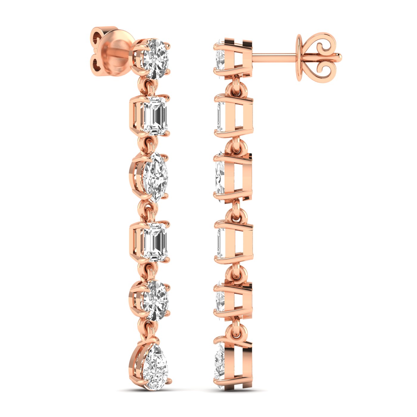 Classic tri-shape diamond dangle earrings featuring three stunning diamonds in a chic, modern design for a sophisticated and timeless look | Rose Gold | Back View