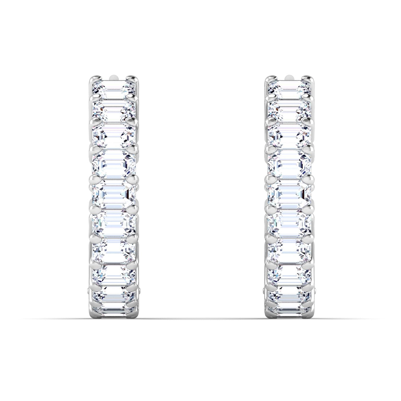 Stunning lush emerald cut diamond hoop earrings, featuring elegant emerald-cut diamonds set in a sleek metal frame, offering a sophisticated and luxurious look | White Gold | Front View