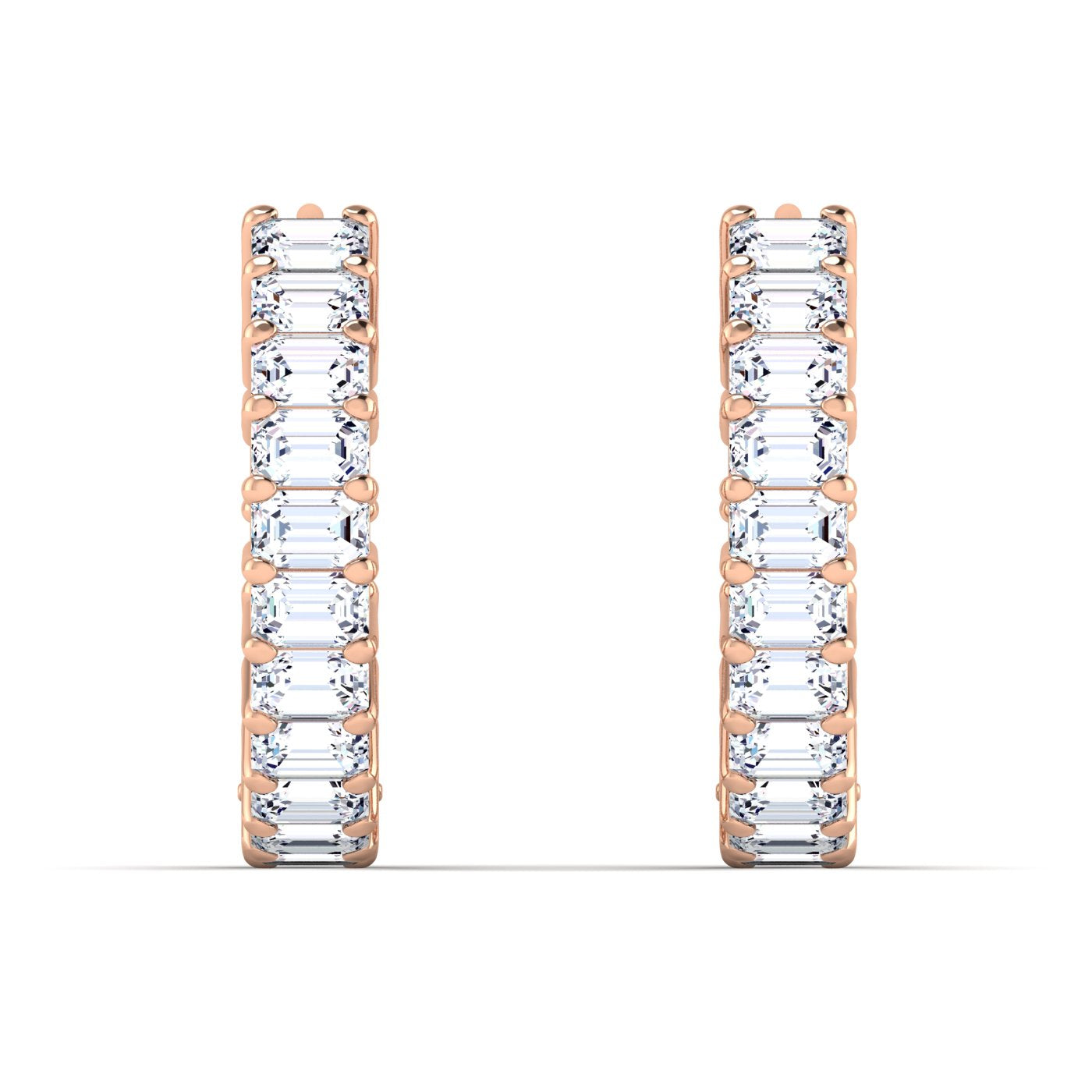 Stunning lush emerald cut diamond hoop earrings, featuring elegant emerald-cut diamonds set in a sleek metal frame, offering a sophisticated and luxurious look | Rose Gold | Front View