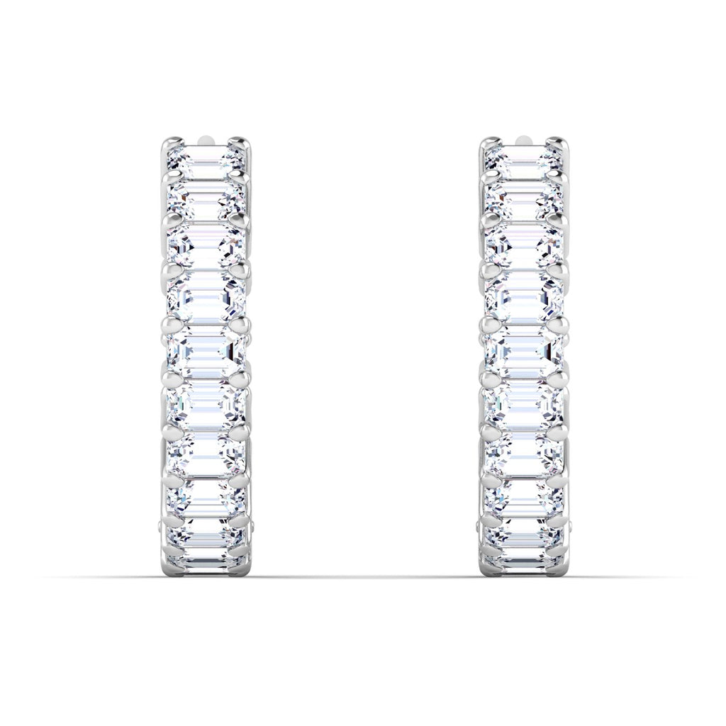 Stunning lush emerald cut diamond hoop earrings, featuring elegant emerald-cut diamonds set in a sleek metal frame, offering a sophisticated and luxurious look | White Gold | Front View