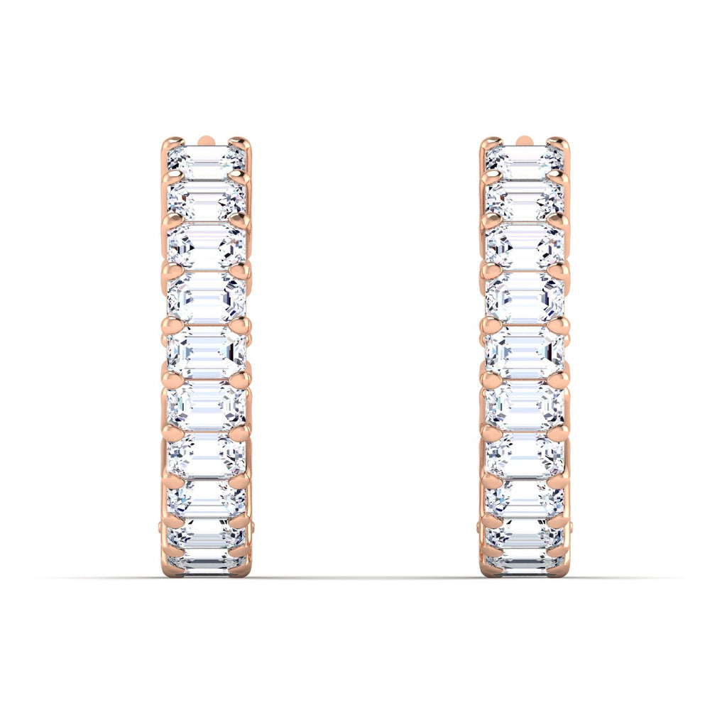 Stunning lush emerald cut diamond hoop earrings, featuring elegant emerald-cut diamonds set in a sleek metal frame, offering a sophisticated and luxurious look | Rose Gold | Front View