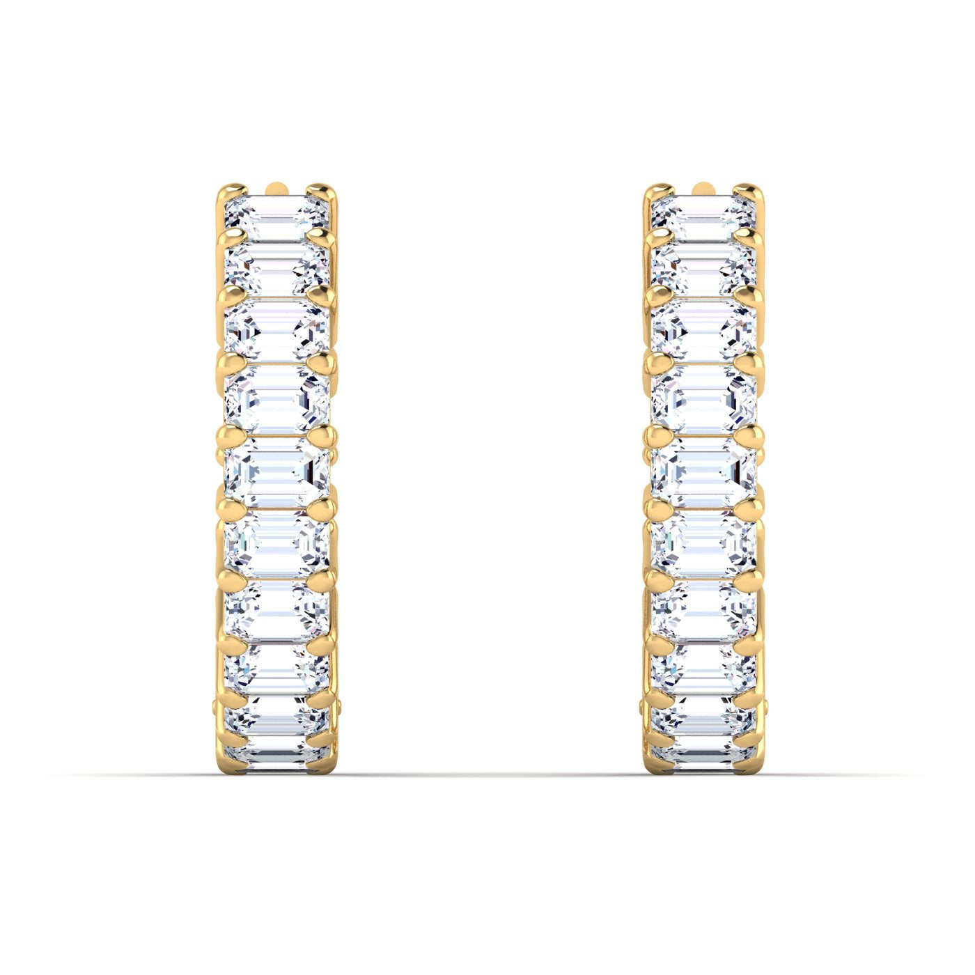 Stunning lush emerald cut diamond hoop earrings, featuring elegant emerald-cut diamonds set in a sleek metal frame, offering a sophisticated and luxurious look | Yellow Gold | Front View