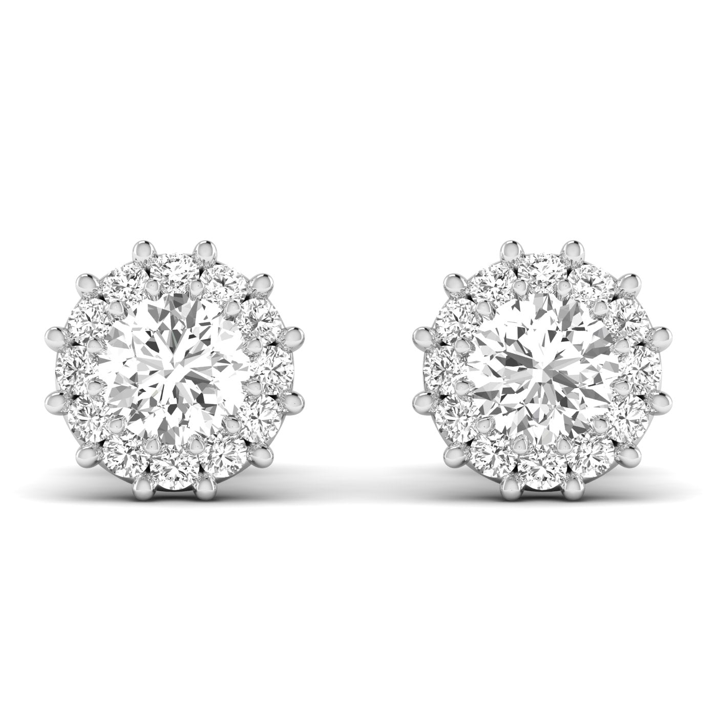 Stunning dazzling diamond halo stud earrings featuring a brilliant center diamond surrounded by a sparkling halo of smaller diamonds | White Gold | Front View