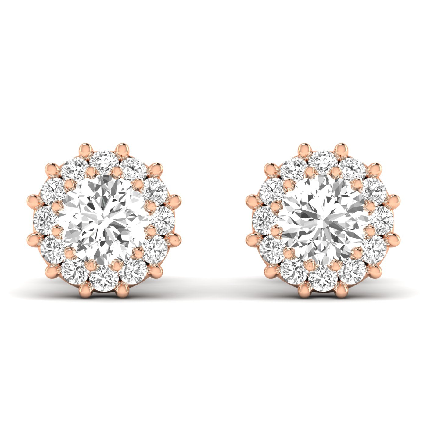 Stunning dazzling diamond halo stud earrings featuring a brilliant center diamond surrounded by a sparkling halo of smaller diamonds | Rose Gold | Front View