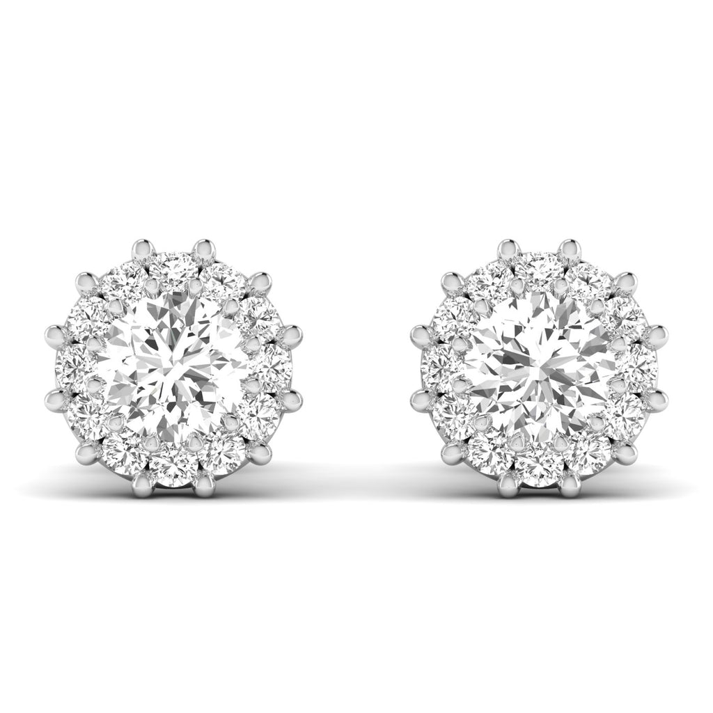 Stunning dazzling diamond halo stud earrings featuring a brilliant center diamond surrounded by a sparkling halo of smaller diamonds | White Gold | Front View