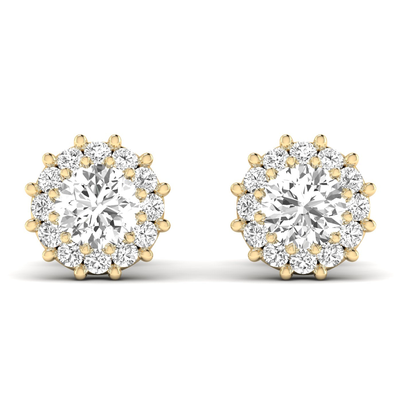 Stunning dazzling diamond halo stud earrings featuring a brilliant center diamond surrounded by a sparkling halo of smaller diamonds | Yellow Gold | Front View