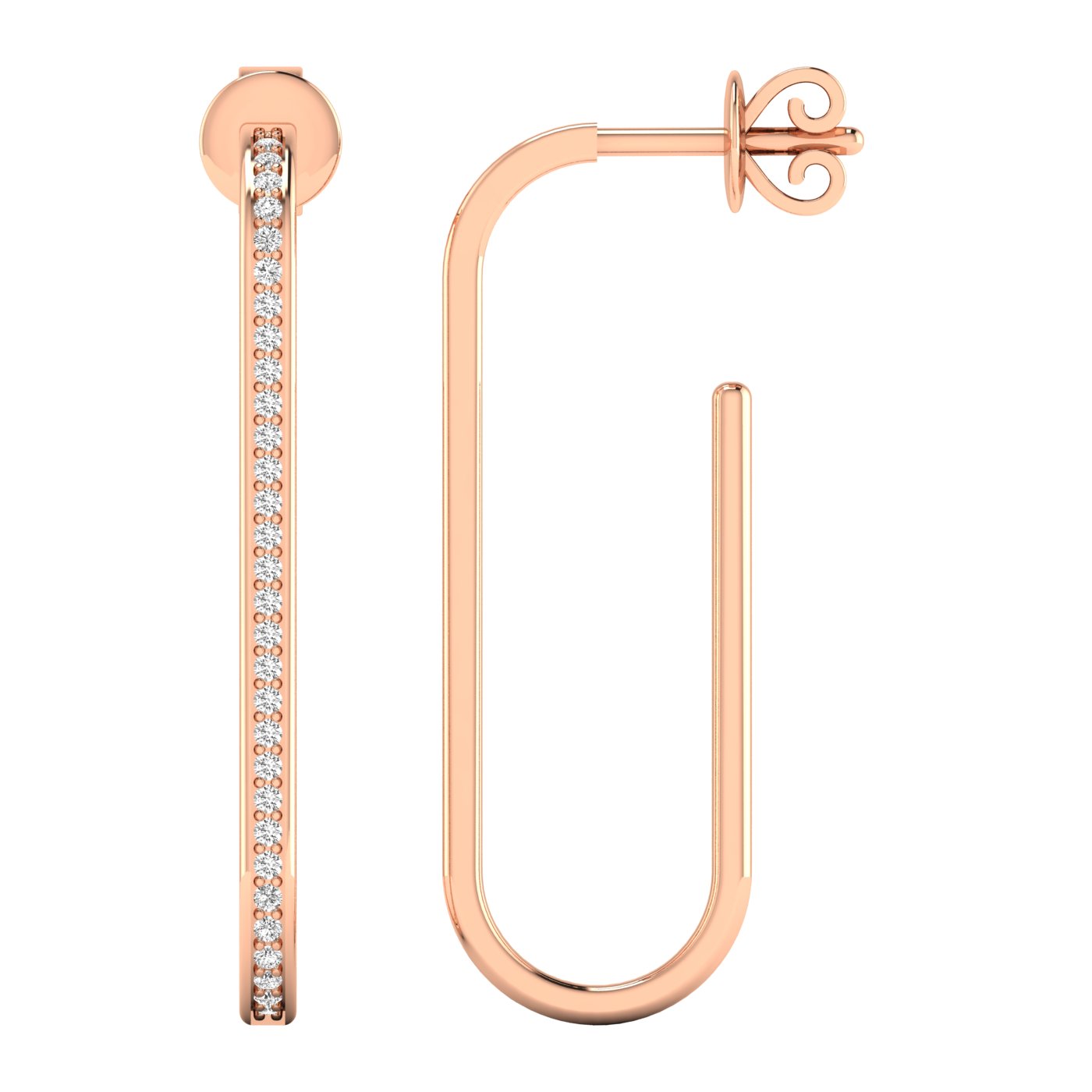 Chic slim elongated diamond hoop earrings with a sleek design, featuring brilliant diamonds set in premium metal for an elegant and sophisticated look | Rose Gold | Front+ Side View