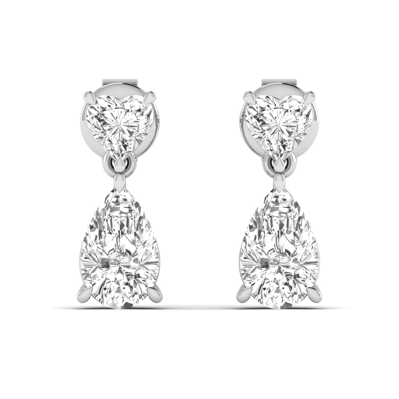 Elegant Heart and Pear Diamonds Drop Earrings featuring a combination of sparkling heart-shaped and pear-shaped diamonds, offering a romantic and sophisticated look | White Gold | Front View