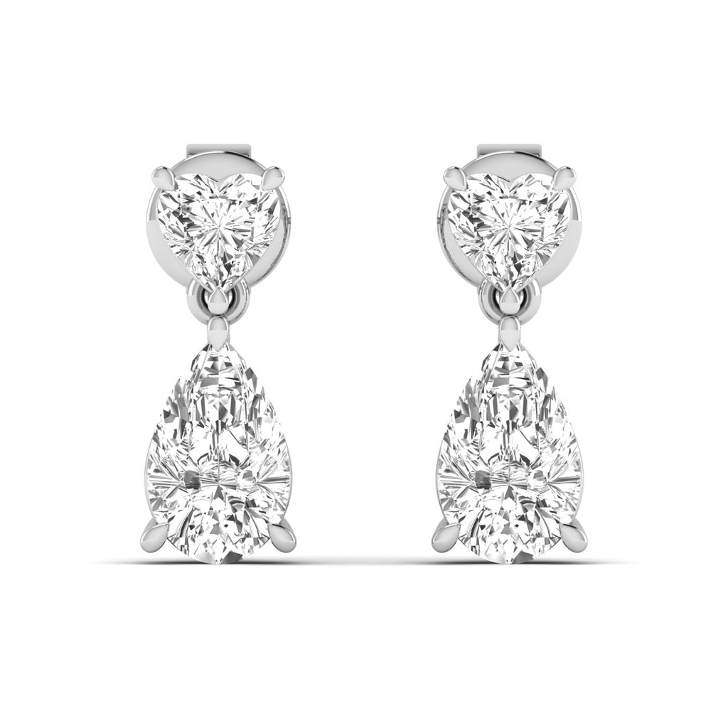 Elegant Heart and Pear Diamonds Drop Earrings featuring a combination of sparkling heart-shaped and pear-shaped diamonds, offering a romantic and sophisticated look | White Gold | Front View