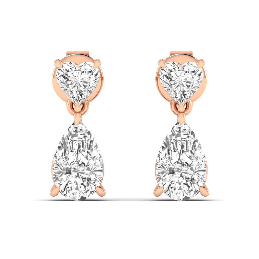 Elegant Heart and Pear Diamonds Drop Earrings featuring a combination of sparkling heart-shaped and pear-shaped diamonds, offering a romantic and sophisticated look | Rose Gold | Front View