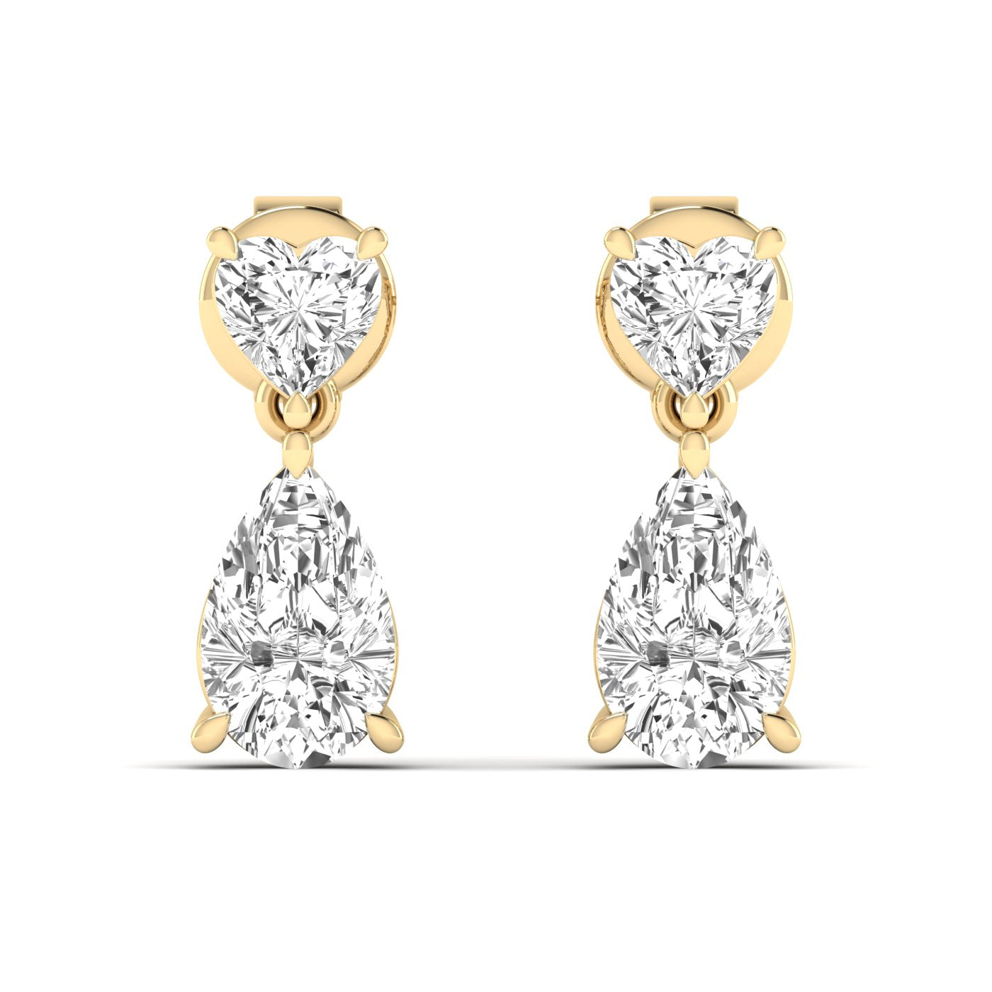 Elegant Heart and Pear Diamonds Drop Earrings featuring a combination of sparkling heart-shaped and pear-shaped diamonds, offering a romantic and sophisticated look | Yellow Gold | Front View