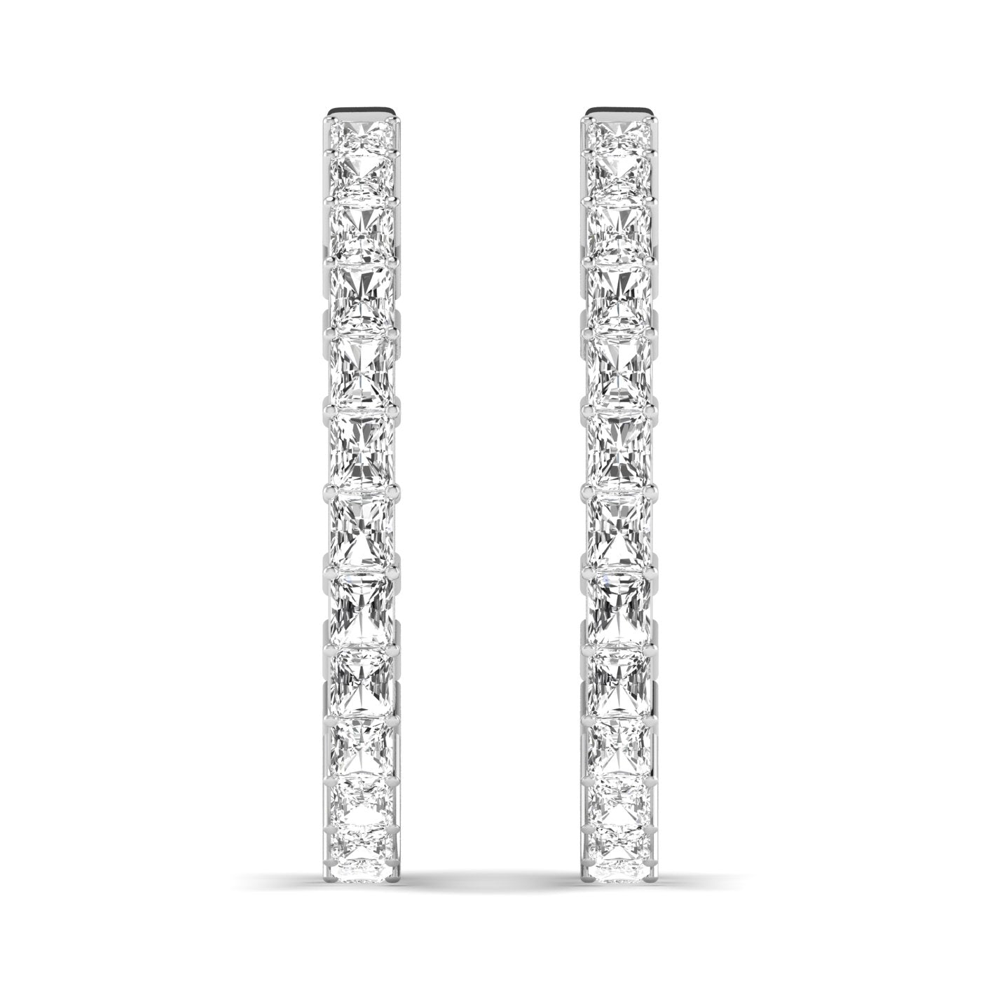 Radiant Cut Diamond Hoop Earrings featuring brilliant radiant-cut diamonds set in a sleek hoop design, offering a bold and elegant look for any occasion | White Gold | Front View