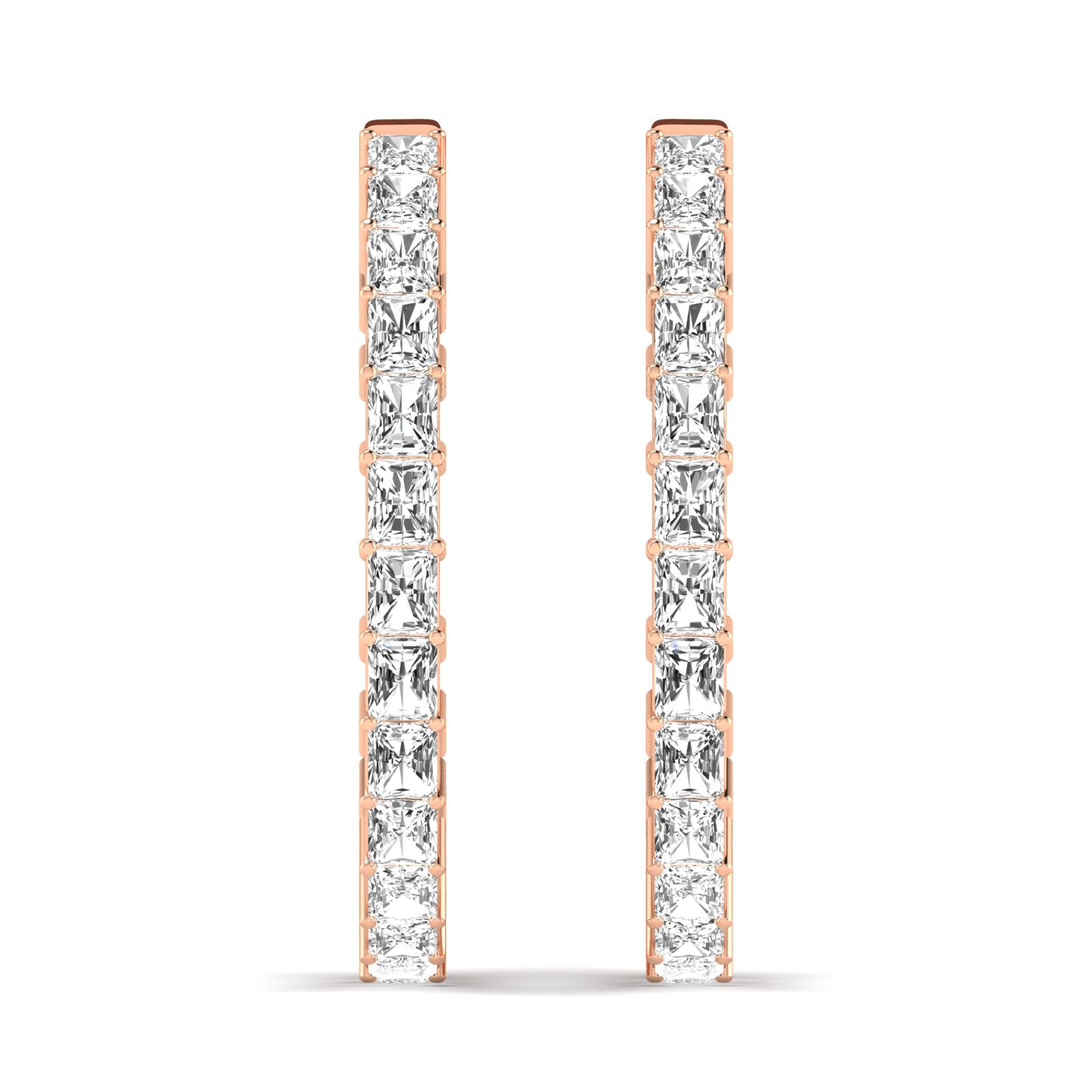 Radiant Cut Diamond Hoop Earrings featuring brilliant radiant-cut diamonds set in a sleek hoop design, offering a bold and elegant look for any occasion | Rose Gold | Front View