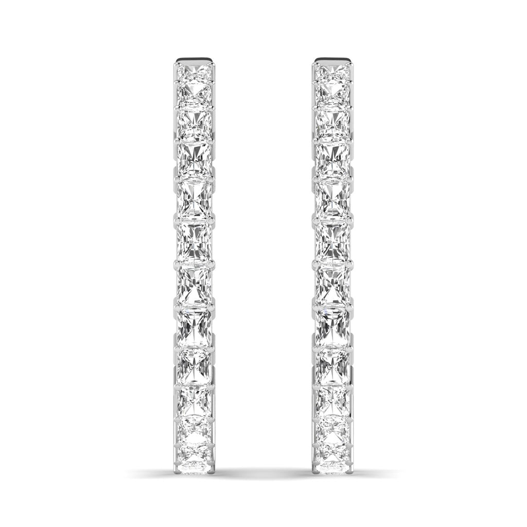 Radiant Cut Diamond Hoop Earrings featuring brilliant radiant-cut diamonds set in a sleek hoop design, offering a bold and elegant look for any occasion | White Gold | Front View