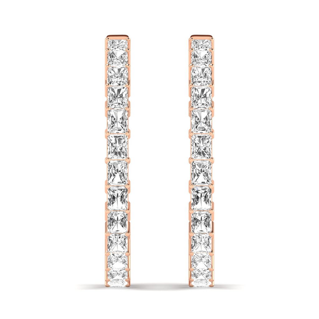 Radiant Cut Diamond Hoop Earrings featuring brilliant radiant-cut diamonds set in a sleek hoop design, offering a bold and elegant look for any occasion | Rose Gold | Front View