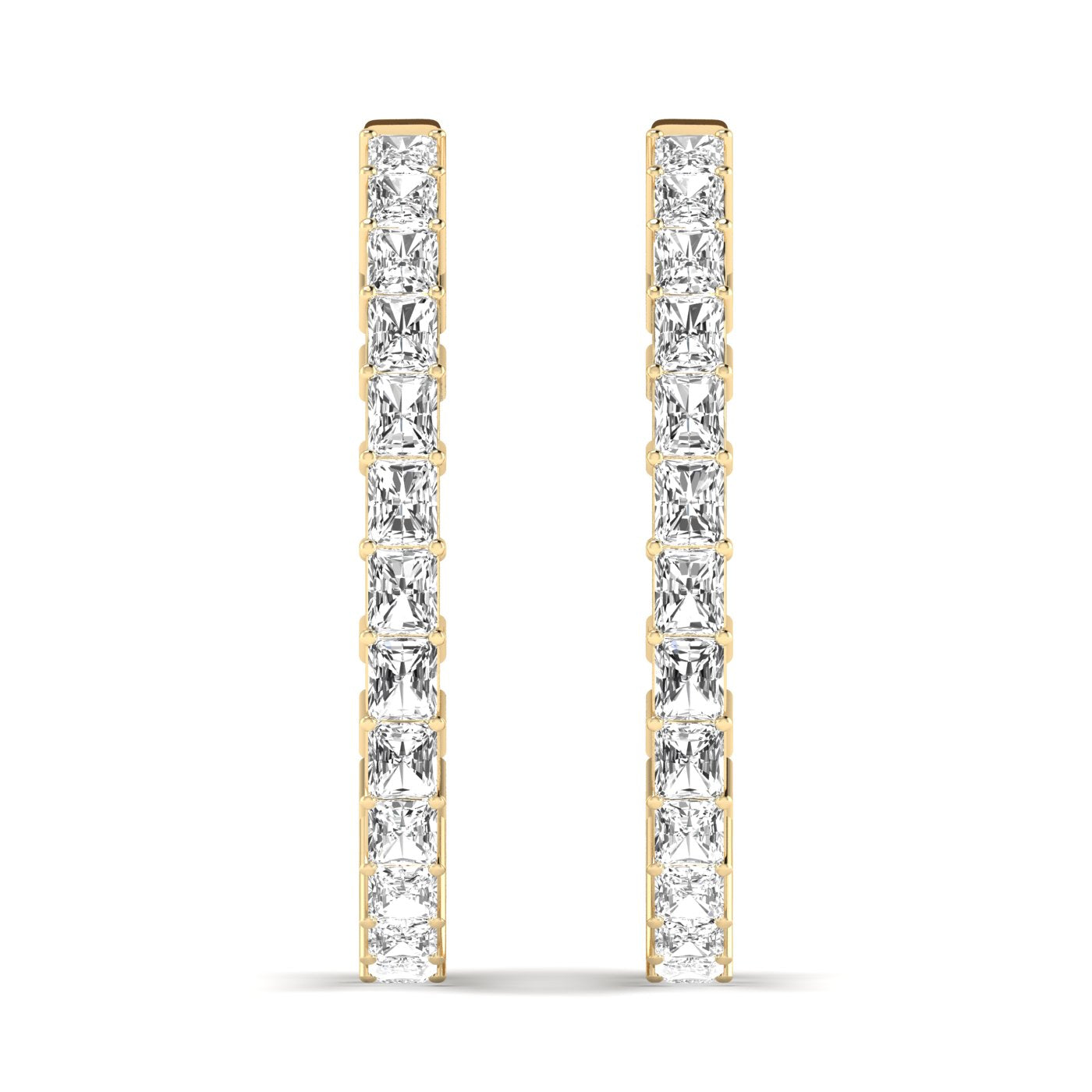 Radiant Cut Diamond Hoop Earrings featuring brilliant radiant-cut diamonds set in a sleek hoop design, offering a bold and elegant look for any occasion | Yellow Gold | Front View