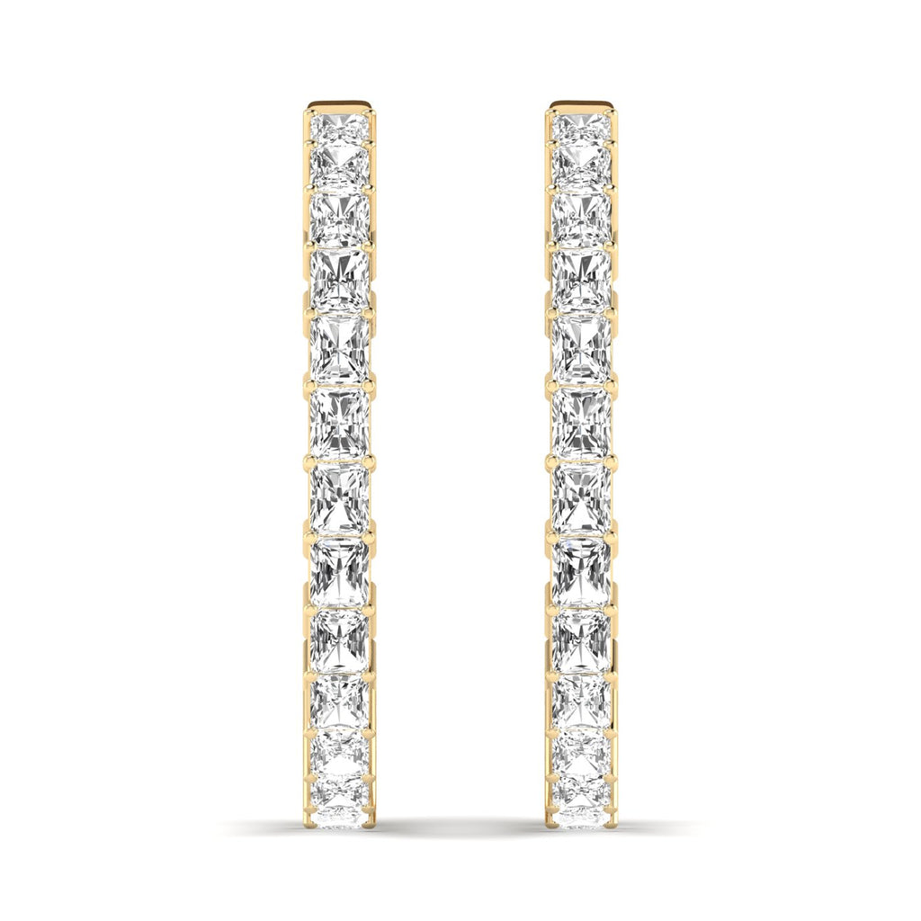 Radiant Cut Diamond Hoop Earrings featuring brilliant radiant-cut diamonds set in a sleek hoop design, offering a bold and elegant look for any occasion | Yellow Gold | Front View