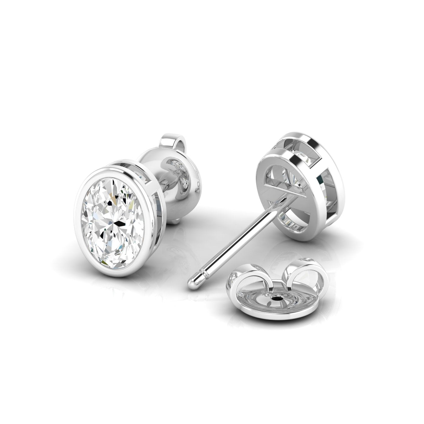 Sophisticated bezel oval diamond stud earrings, featuring a sleek bezel setting that enhances the beauty of the oval-cut diamonds | White Gold | Back View