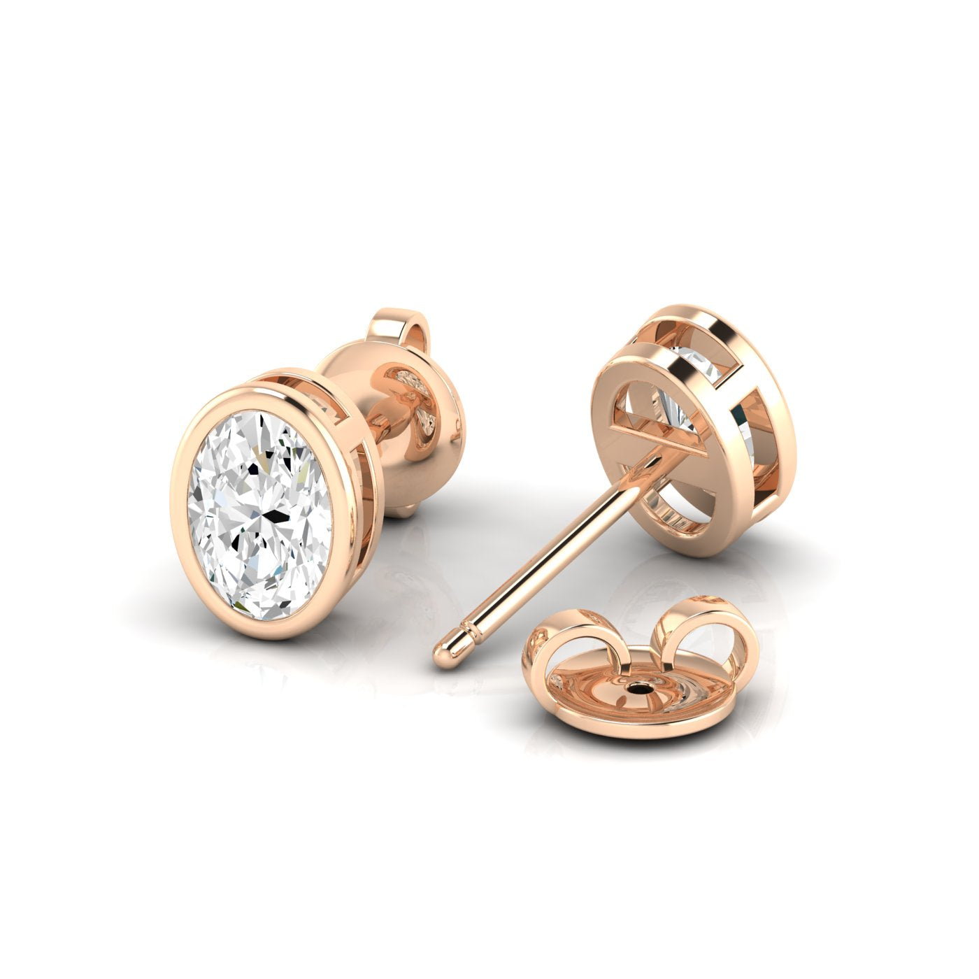 Sophisticated bezel oval diamond stud earrings, featuring a sleek bezel setting that enhances the beauty of the oval-cut diamonds | Rose Gold | Back View