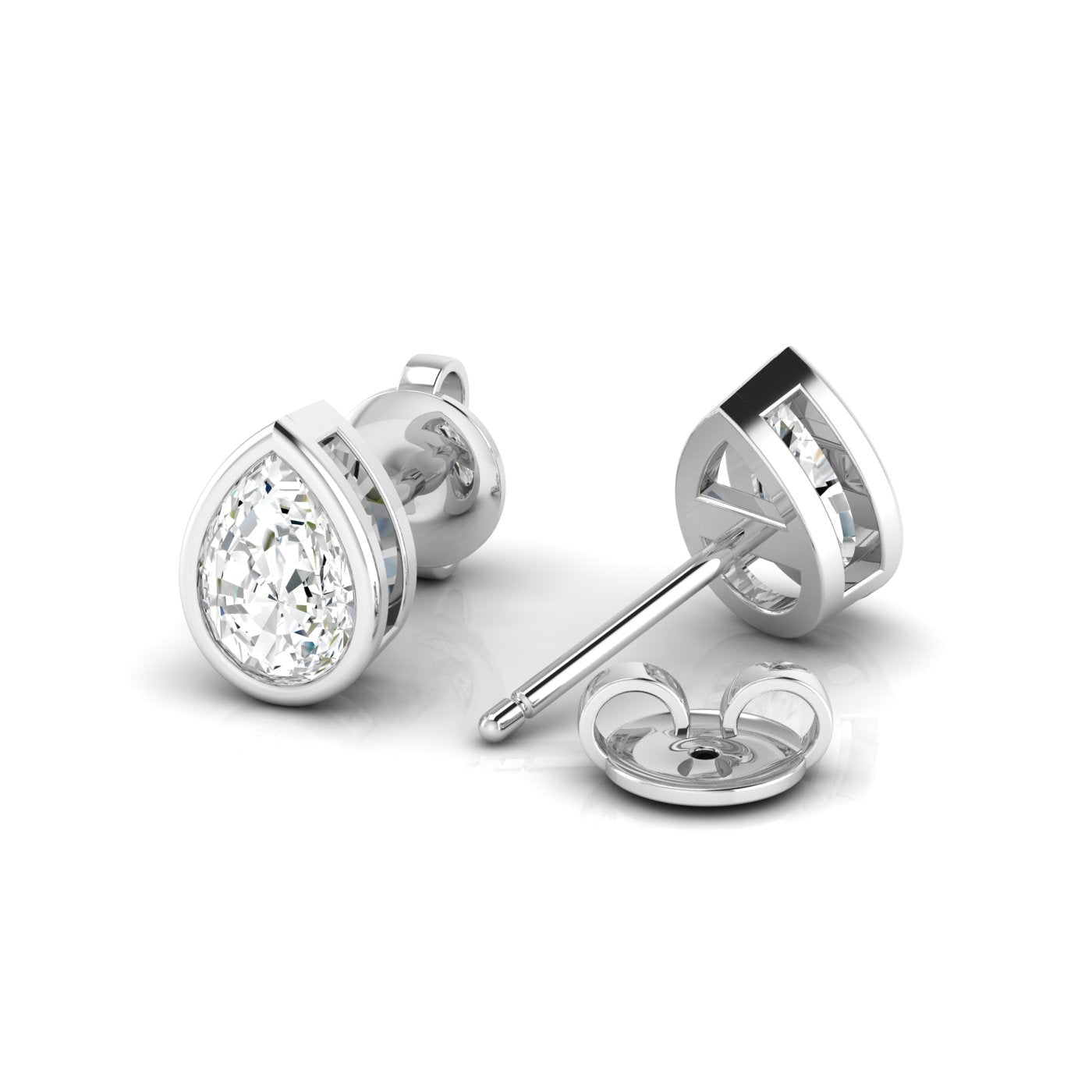 Bezel-set pear-shaped diamond stud earrings featuring elegant pear-cut diamonds in a secure, modern bezel setting for a timeless and sophisticated look | White Gold | Back View