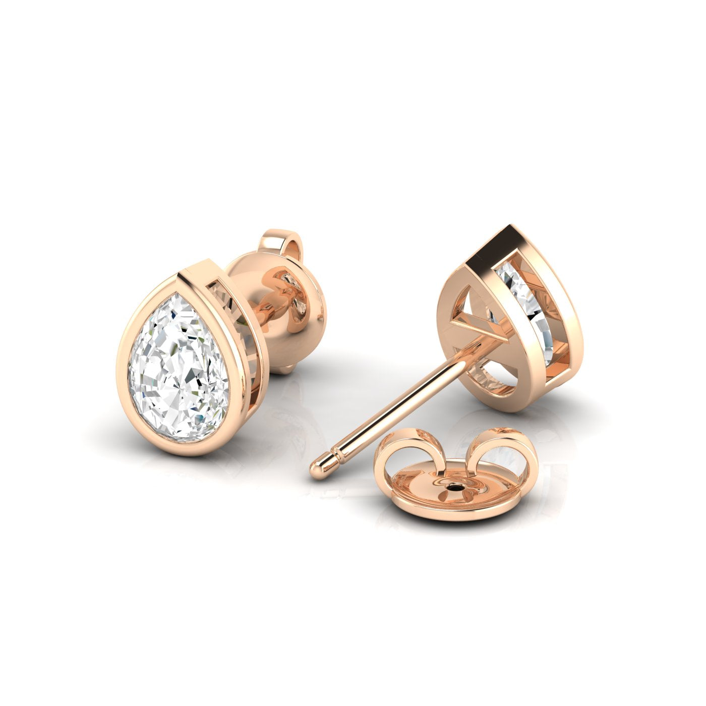 Bezel-set pear-shaped diamond stud earrings featuring elegant pear-cut diamonds in a secure, modern bezel setting for a timeless and sophisticated look | Rose Gold | Back View