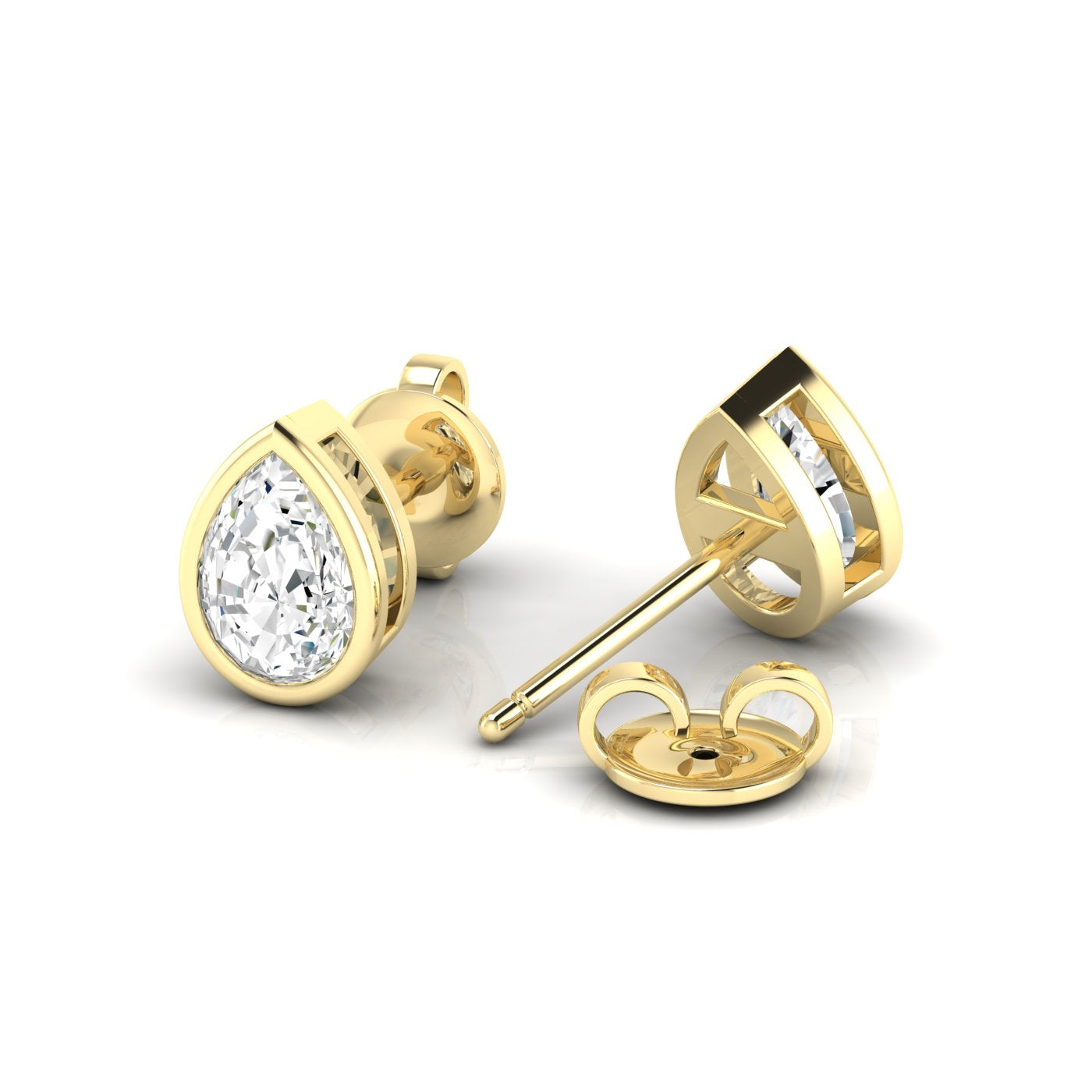 Bezel-set pear-shaped diamond stud earrings featuring elegant pear-cut diamonds in a secure, modern bezel setting for a timeless and sophisticated look | Yellow Gold | Back View