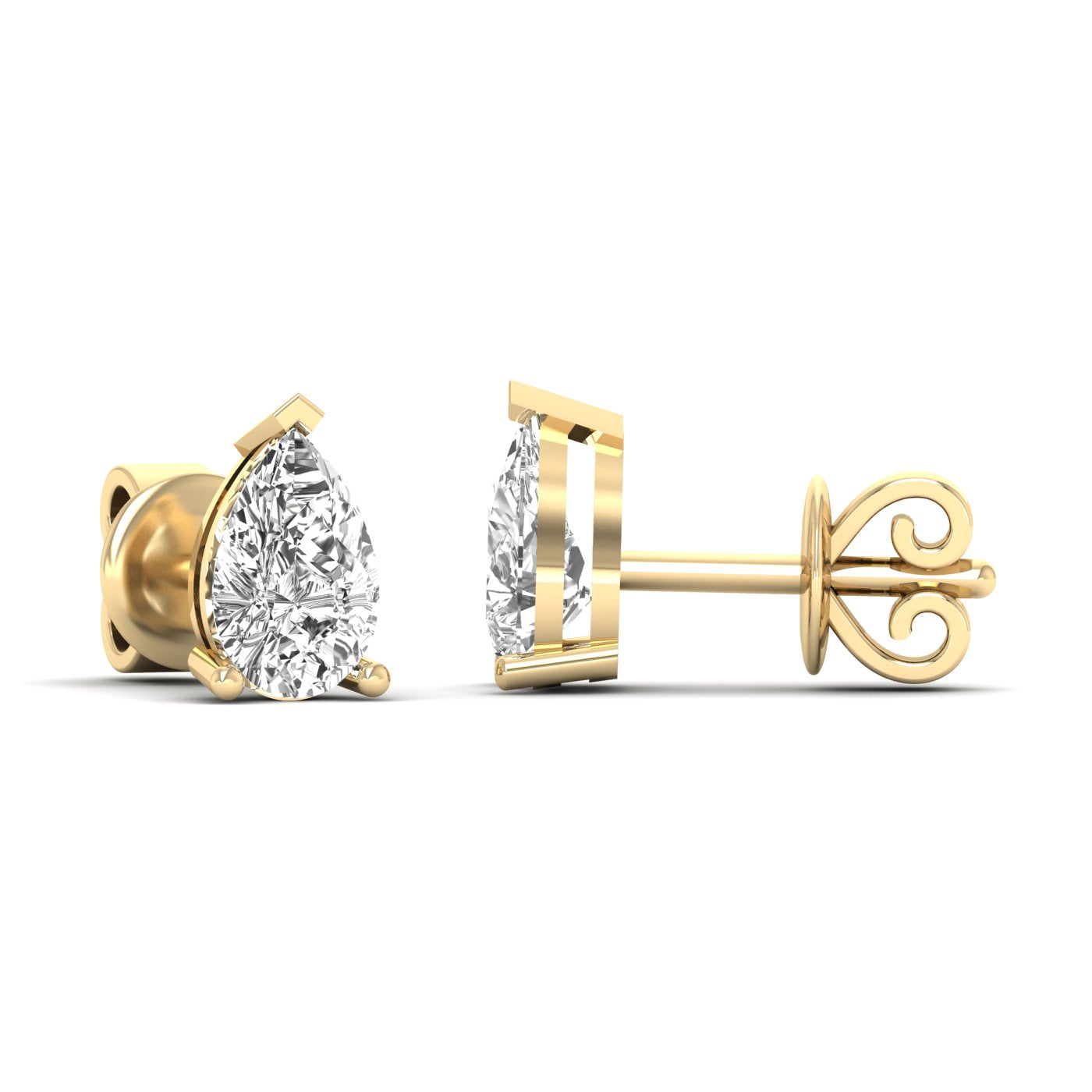 Elegant pear diamond stud earrings featuring stunning pear-shaped diamonds set in a sleek, sophisticated design for a timeless look | Yellow Gold | Side View