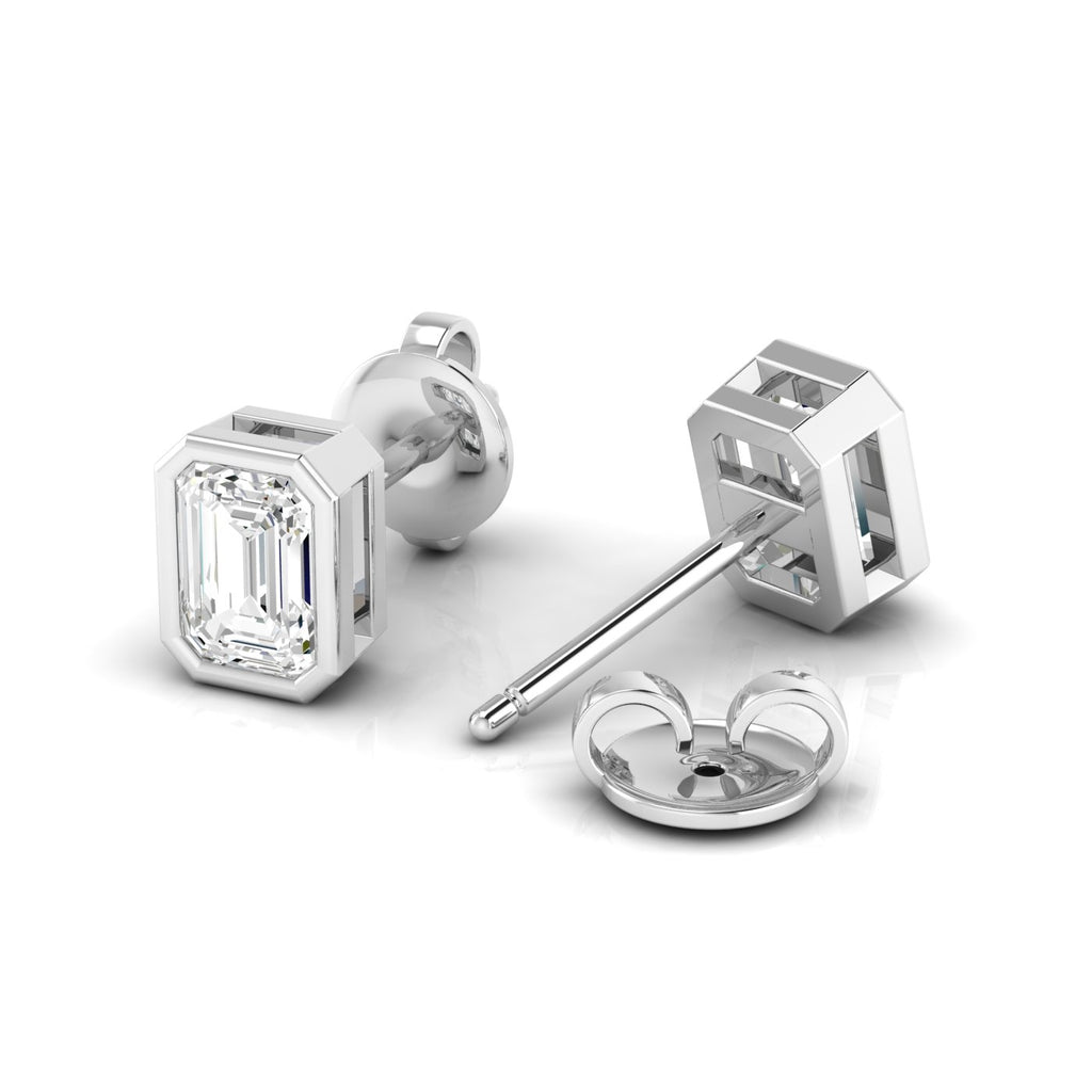 Bezel-set emerald cut diamond stud earrings, featuring sleek and modern design with stunning rectangular diamonds for a sophisticated look | White Gold | Back View