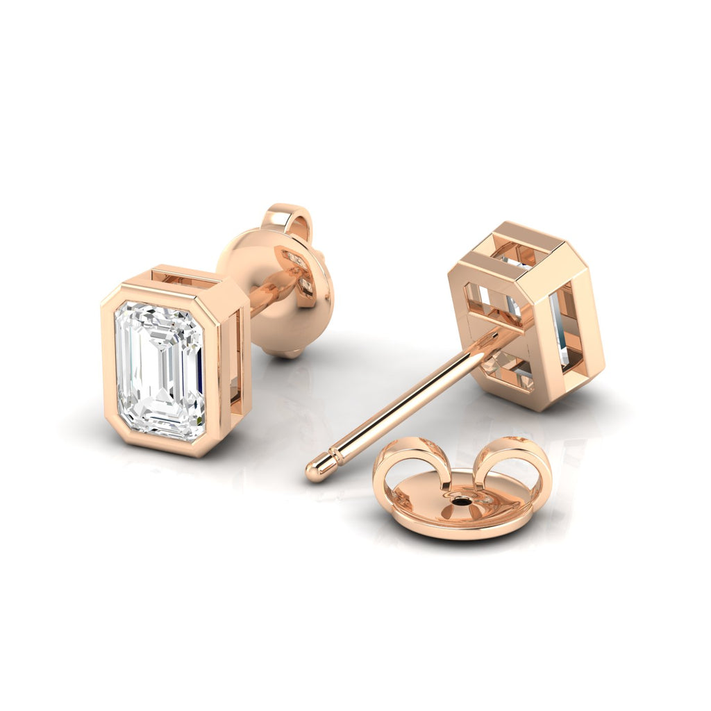 Bezel-set emerald cut diamond stud earrings, featuring sleek and modern design with stunning rectangular diamonds for a sophisticated look | Rose Gold | Back View