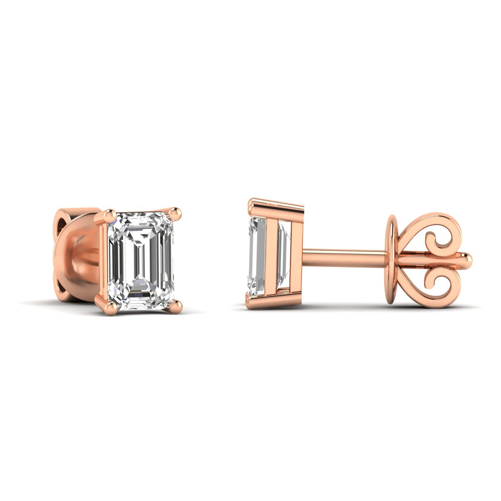 Elegant emerald cut diamond stud earrings featuring timeless, rectangular diamonds set in a sleek metal setting for a sophisticated look | Rose Gold | Side View