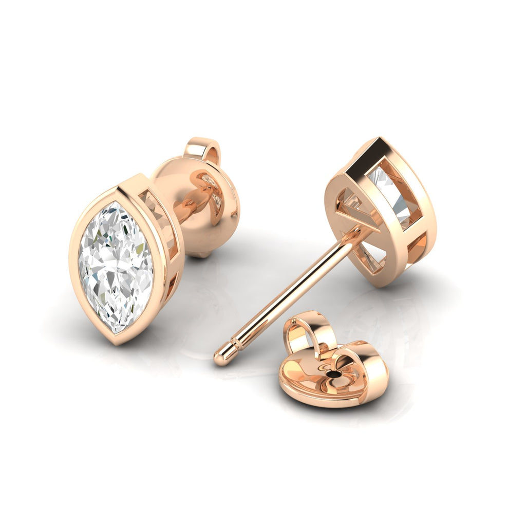 Bezel-set marquise diamond stud earrings featuring elegant marquise-cut diamonds in a secure and modern bezel setting for a sophisticated look | Rose Gold | Back View