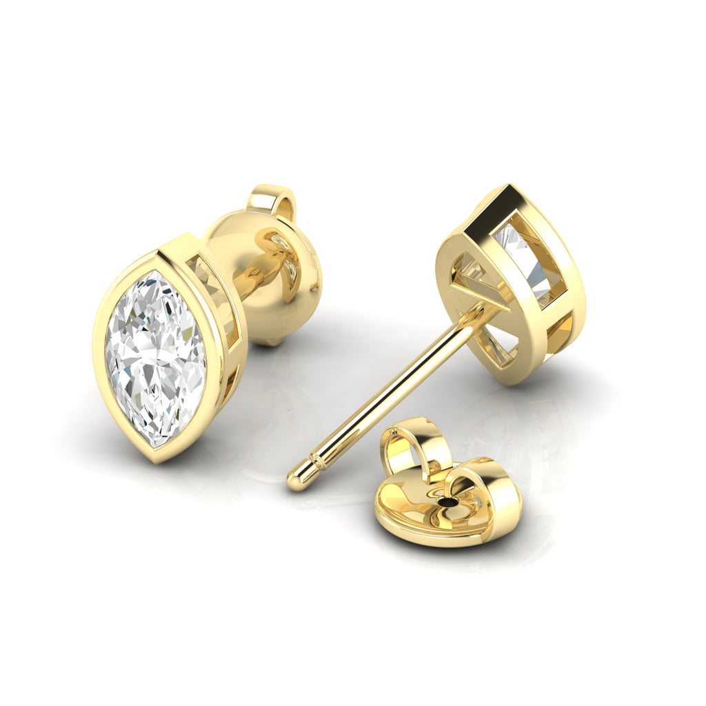 Bezel-set marquise diamond stud earrings featuring elegant marquise-cut diamonds in a secure and modern bezel setting for a sophisticated look | Yellow Gold | Back View