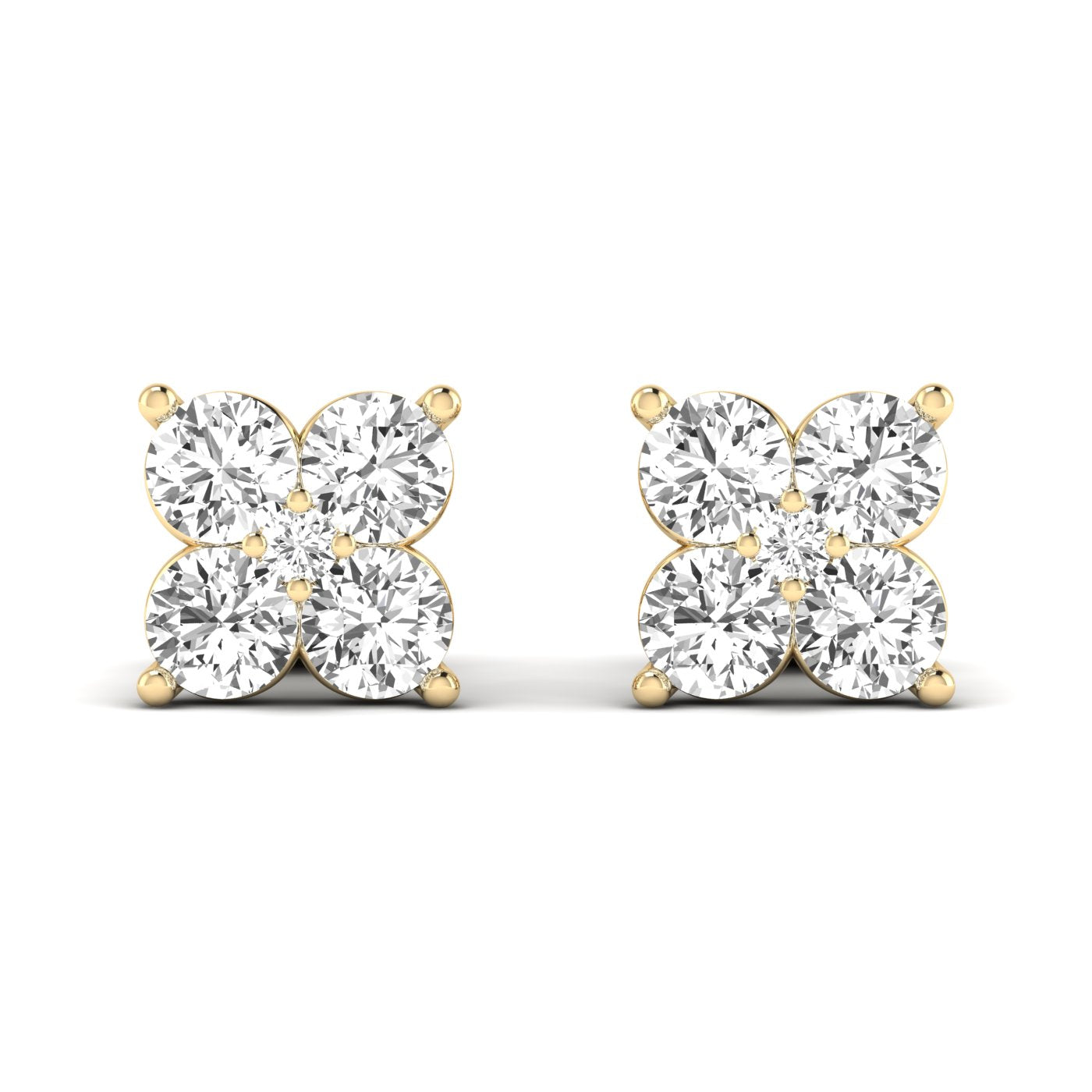 Elegant Quatro diamond cluster stud earrings featuring a unique design with four sparkling diamonds in a luxurious setting | Yellow Gold | Front View