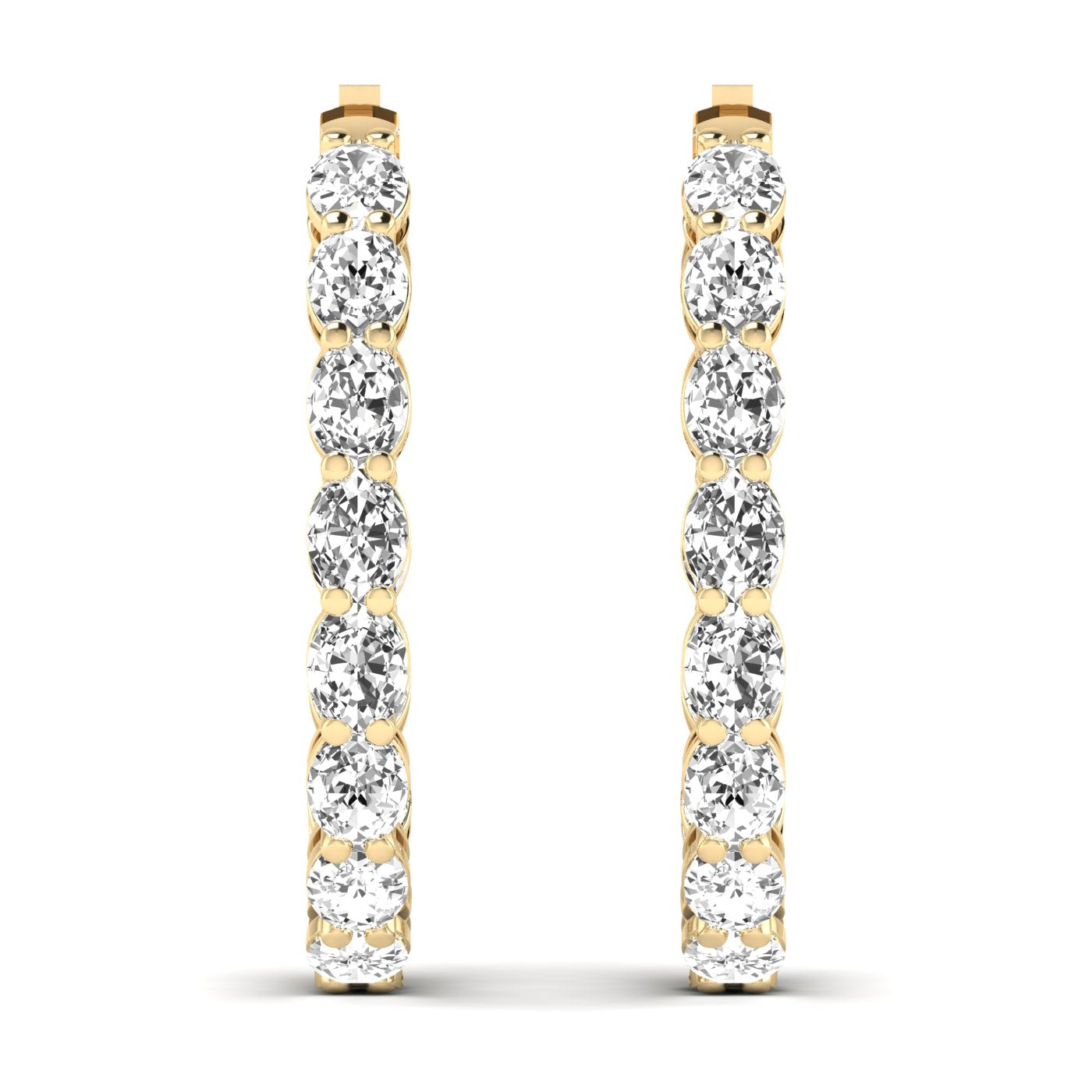 Stunning oval double row diamond hoop earrings featuring two rows of dazzling diamonds set in fine metal, offering a luxurious and eye-catching design | Yellow Gold | Front View