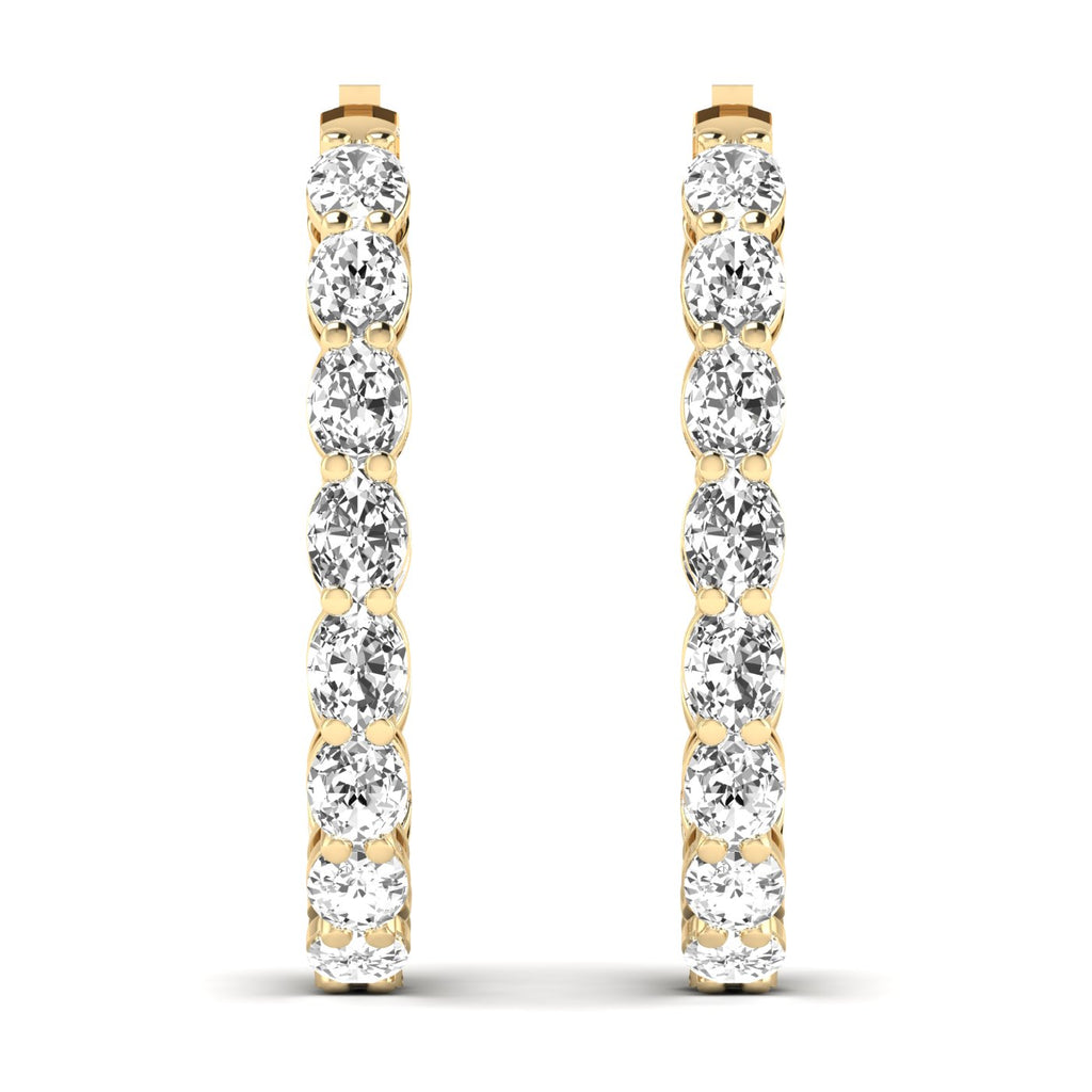 Stunning oval double row diamond hoop earrings featuring two rows of dazzling diamonds set in fine metal, offering a luxurious and eye-catching design | Yellow Gold | Front View