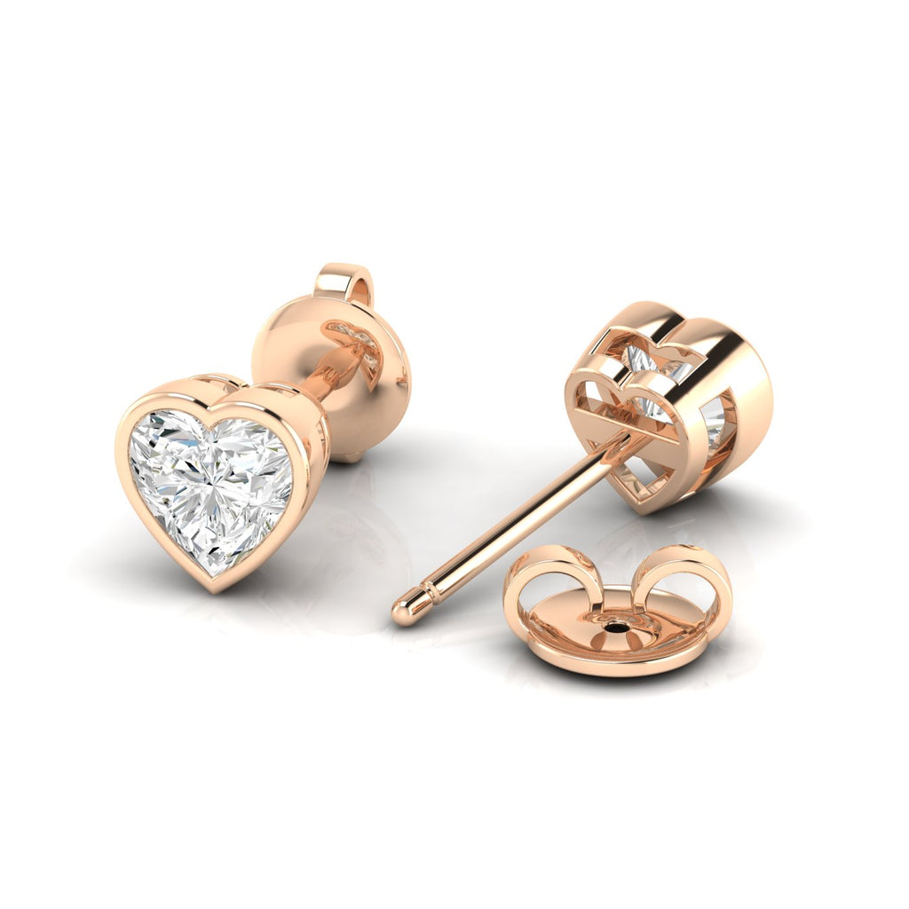 Bezel-set heart diamond stud earrings featuring sparkling heart-shaped diamonds in a secure, modern bezel setting for a romantic and elegant look | Rose Gold | Back View