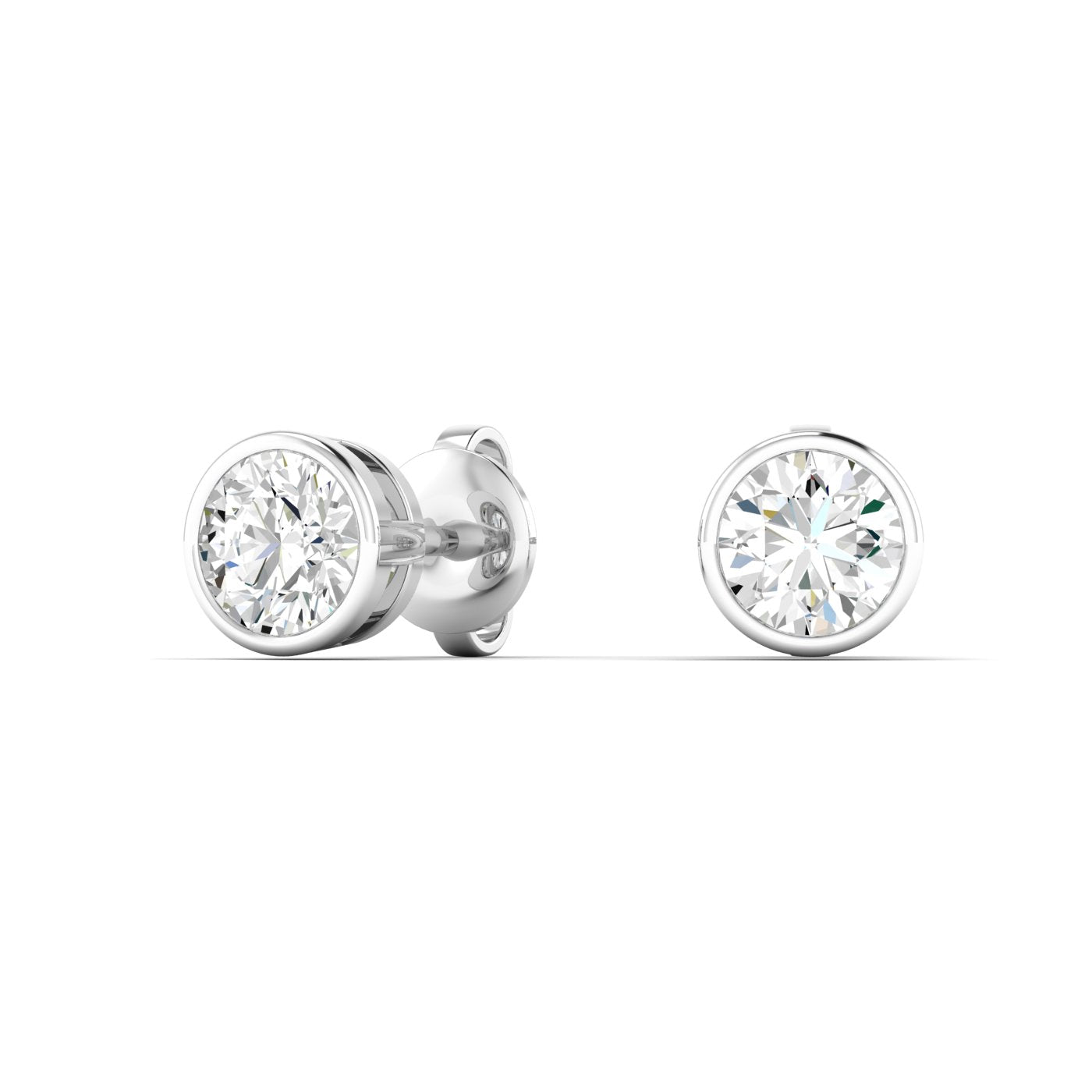 Classic round bezel diamond stud earrings, set in a sleek metal setting for a sophisticated and modern look | White Gold | Front View