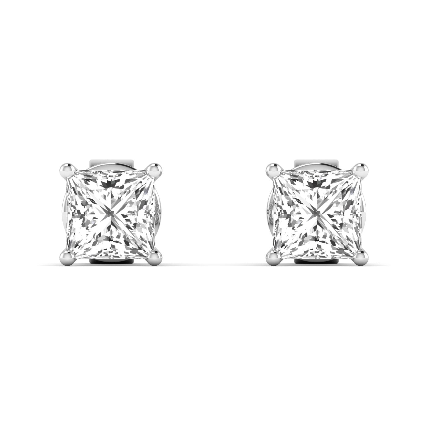 Elegant princess cut diamond stud earrings set in a sleek metal setting, offering a brilliant and modern look | White Gold | Front View